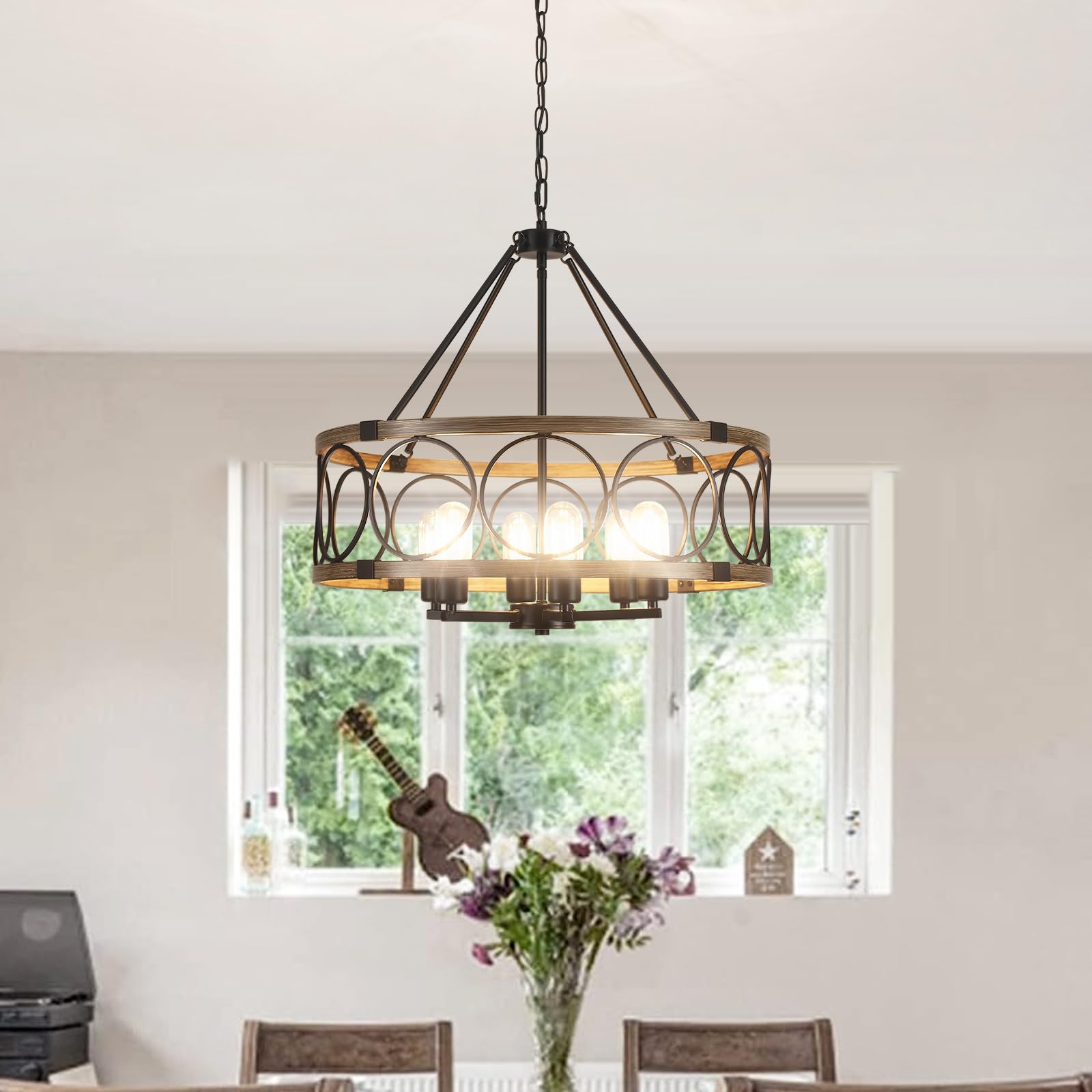 Farmhouse Chandelier 6 Lights 21.65    Drum Large Black Chandelier Light Fixture Rustic Metal Dining Room Chandelier Over Table 