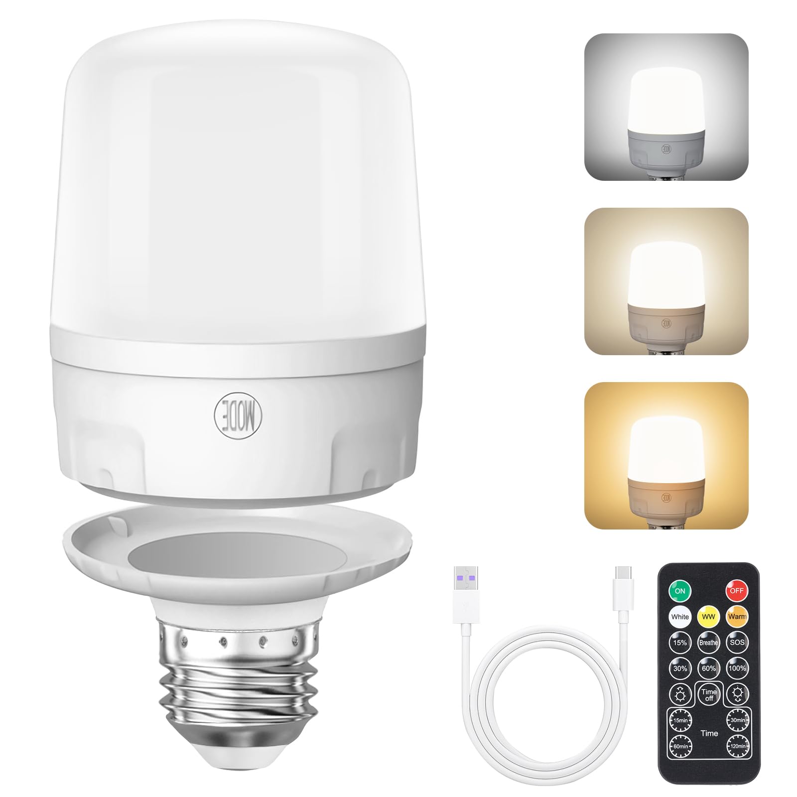 Qoollife E26 Rechargeable Light Bulbs with Remote Control, Battery Operated Light Bulb 9W 2000mAh, 4 Timer Settings for Lamp Lam