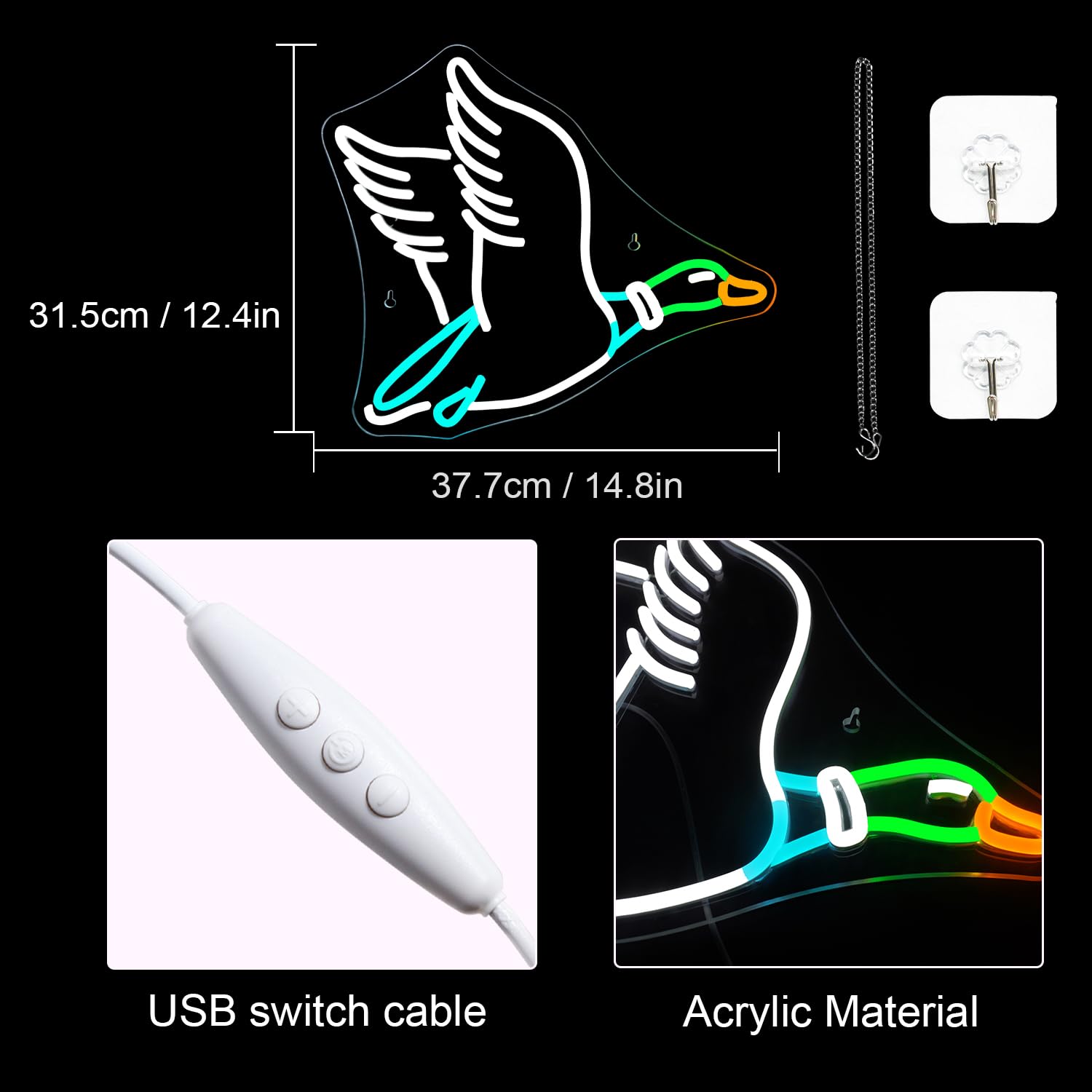 LUCUNSTAR Goose Neon Sign - White LED Light for Wall Decor, USB, Adjustable Brightness, 12.5x16.5 inches, Plastic