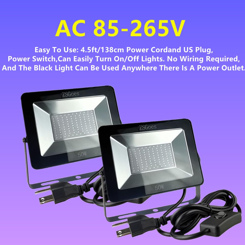 Zsgoes 2 Pack 50W Uv Ultraviolet Black Light 110Vac For Halloween Blacklight Party  Stage Lighting  Fluorescent Body discomfort-reducingt  Glow In The Dark  Fishing  Uv Glue Curing  Screen Printing  Us Plug Switch