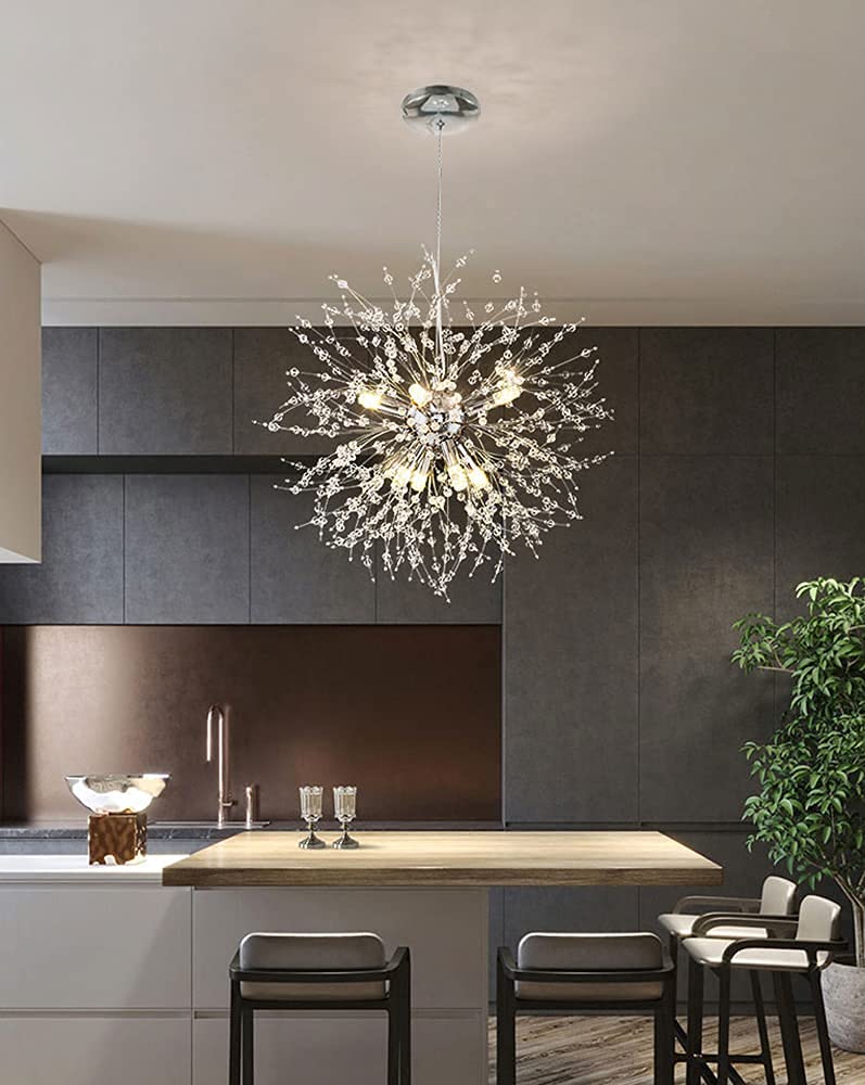 Mivenda Modern Crystal Chandeliers 9-Light Chrome Dandelion Light Fixture,Firework Chandelier,Personalized Ceiling Hanging Light