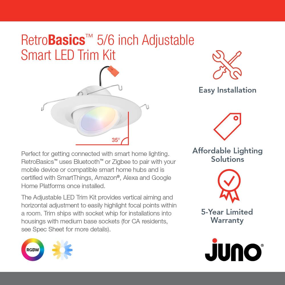 Juno LED Downlight RB56AC RGBW MW M6, Adjustable, 5/6-Inch, Matte White, Dynamic Color Red, Green, Blue, White, E26 Socket Adaptor