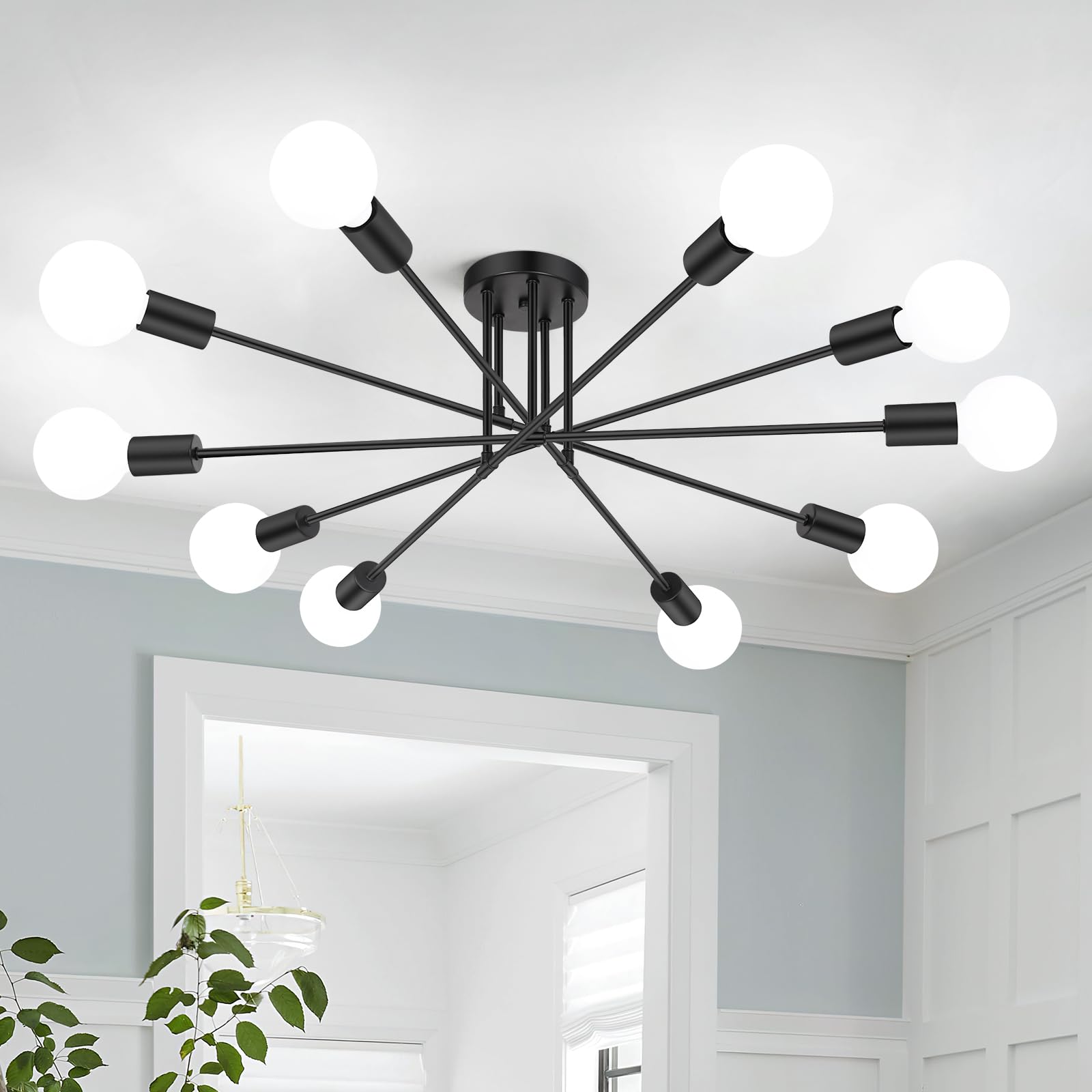 Modern Sputnik Chandelier 10-Light Industrial Ceiling Lights Fixture 31.5'' Black Semi Flush Mount Ceiling Light with E26 Base S