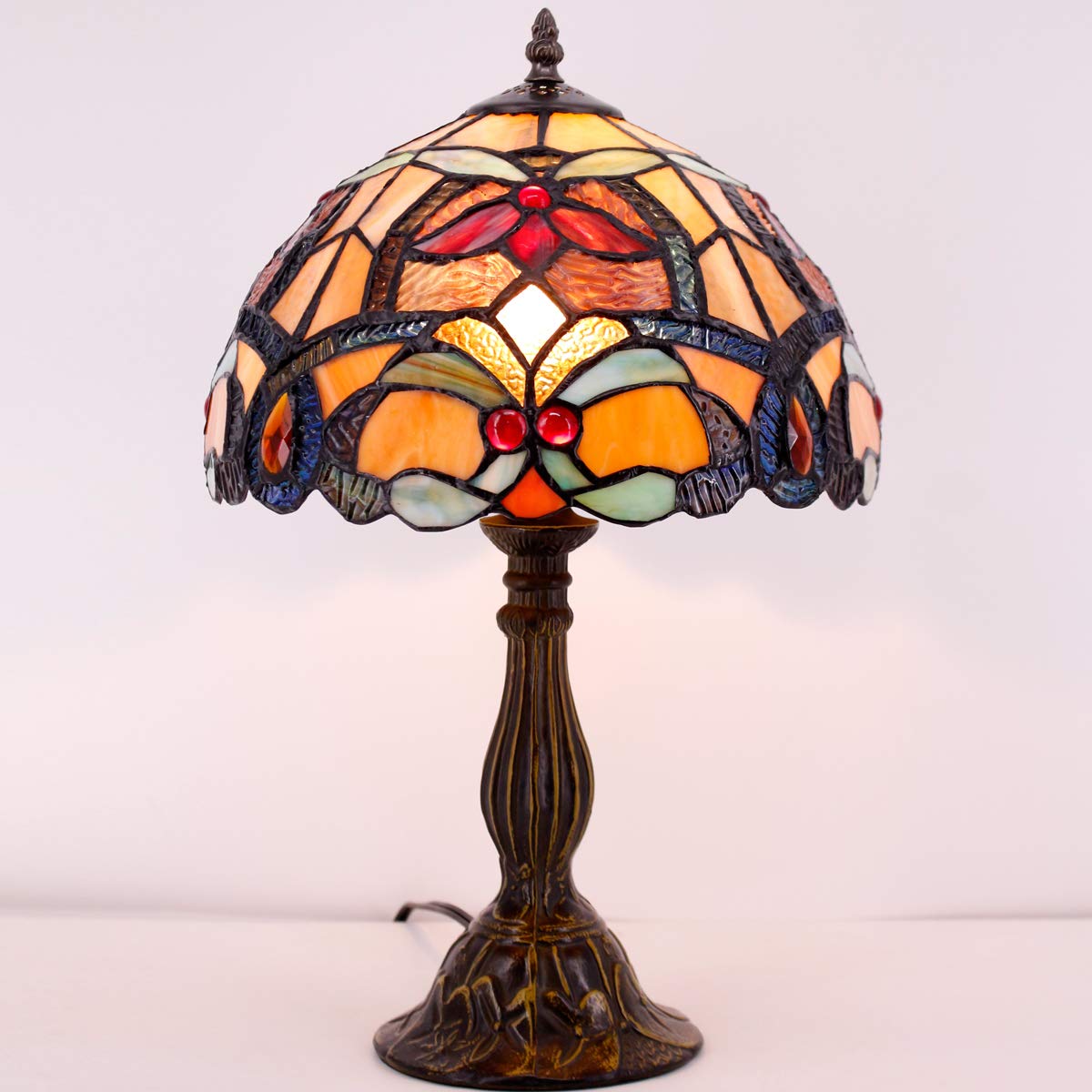 Werfactory Tiffany Table Lamp Orange Stained Glass Flower Liaison Style Reading Desk Bedside Light 12X12X18 Inches Decor Bedroom