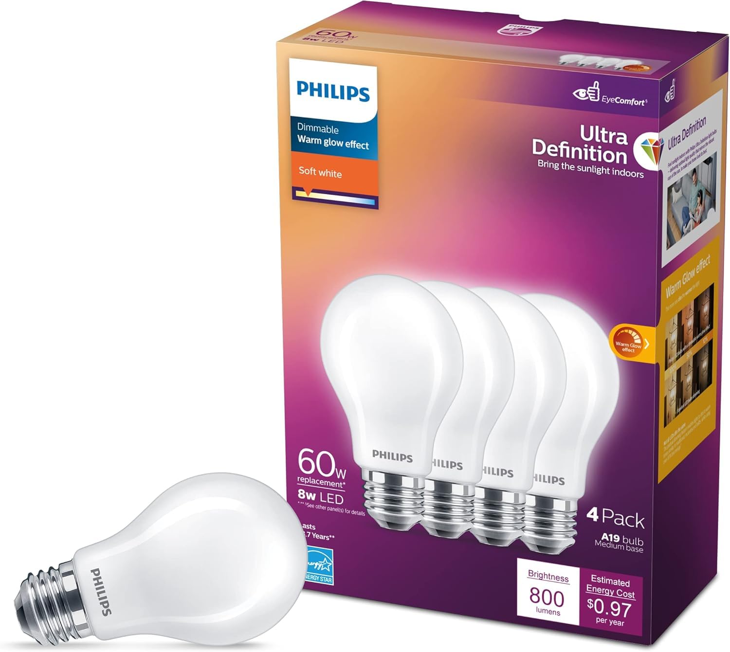 Philips 11.5-Watt Equivalent A19 Ultra Definition Dimmable E26 Led Light Bulb Soft White 2700K (4-Pack)
