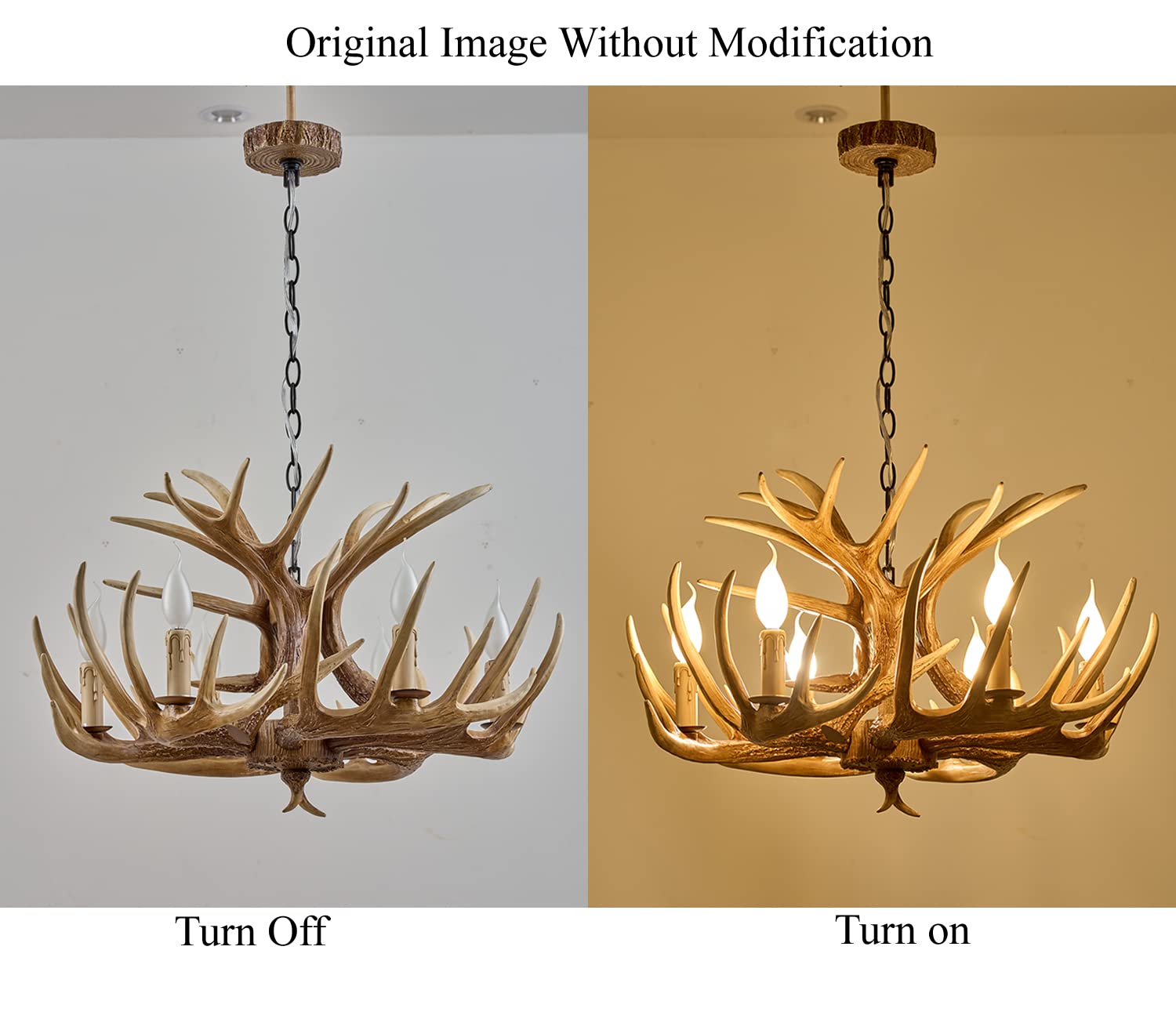 Hubrin Antler Chandelier 6 Light Rustic Style Resin Light Fixture, Brown with White, 6 Lamp Arms + 3 Arms