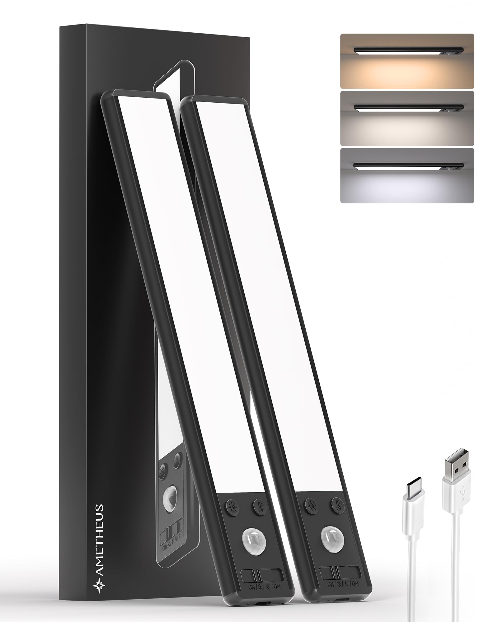 AMETHEUS Under Cabinet Lighting Wireless, 1900mAh Rechargeable Closet Lights Indoor, 80 LED Magnetic Dimmable Motion Sensor with