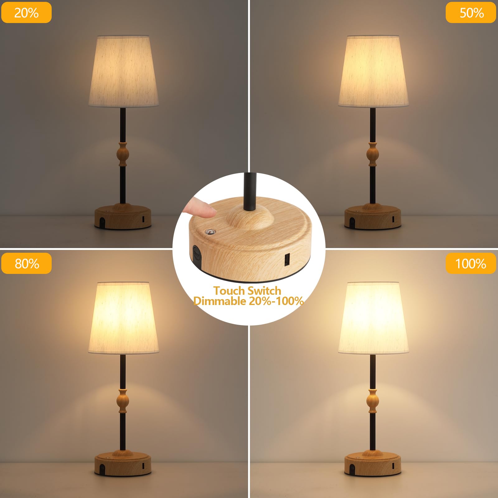 MEIXISUE Cordless Rechargeable Table Lamp, Touch Dimmable, Battery Operated, USB Port, Wood Grain, Model T2501A