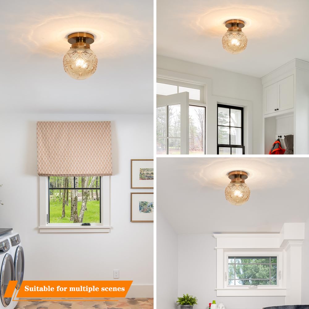 Semi Flush Mount Ceiling Light, Gold Vintage Kitchen Ceiling Light Fixture, Amber Globe Glass Close To Ceiling Light, Hallway Ce