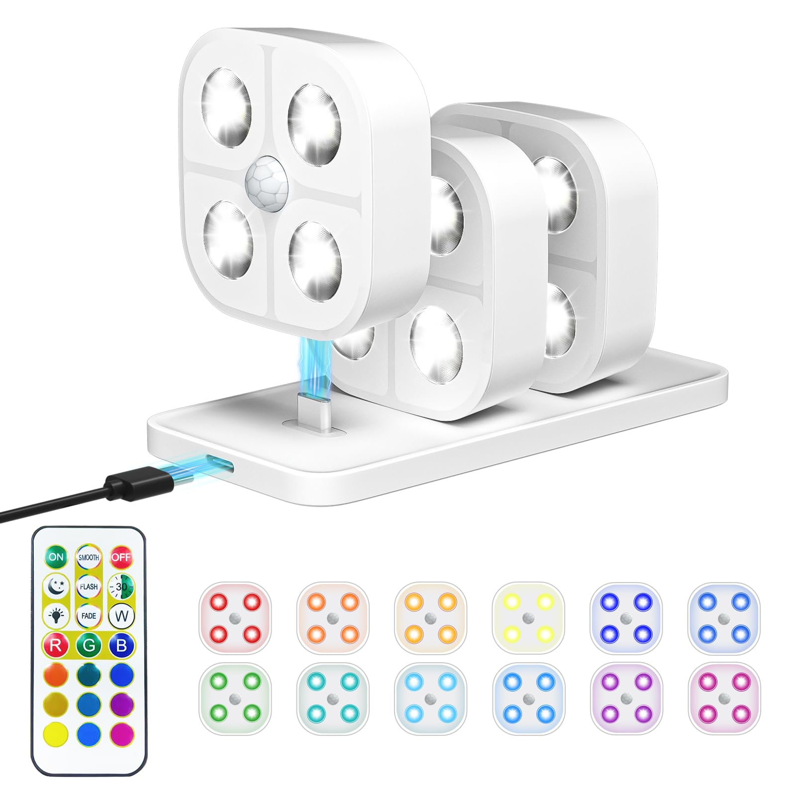 Wireless Step Light Rechargeable Puck Lights with Charging Station, RGB Motion Sensor Puck Light Under Cabinet Lighting with Rem