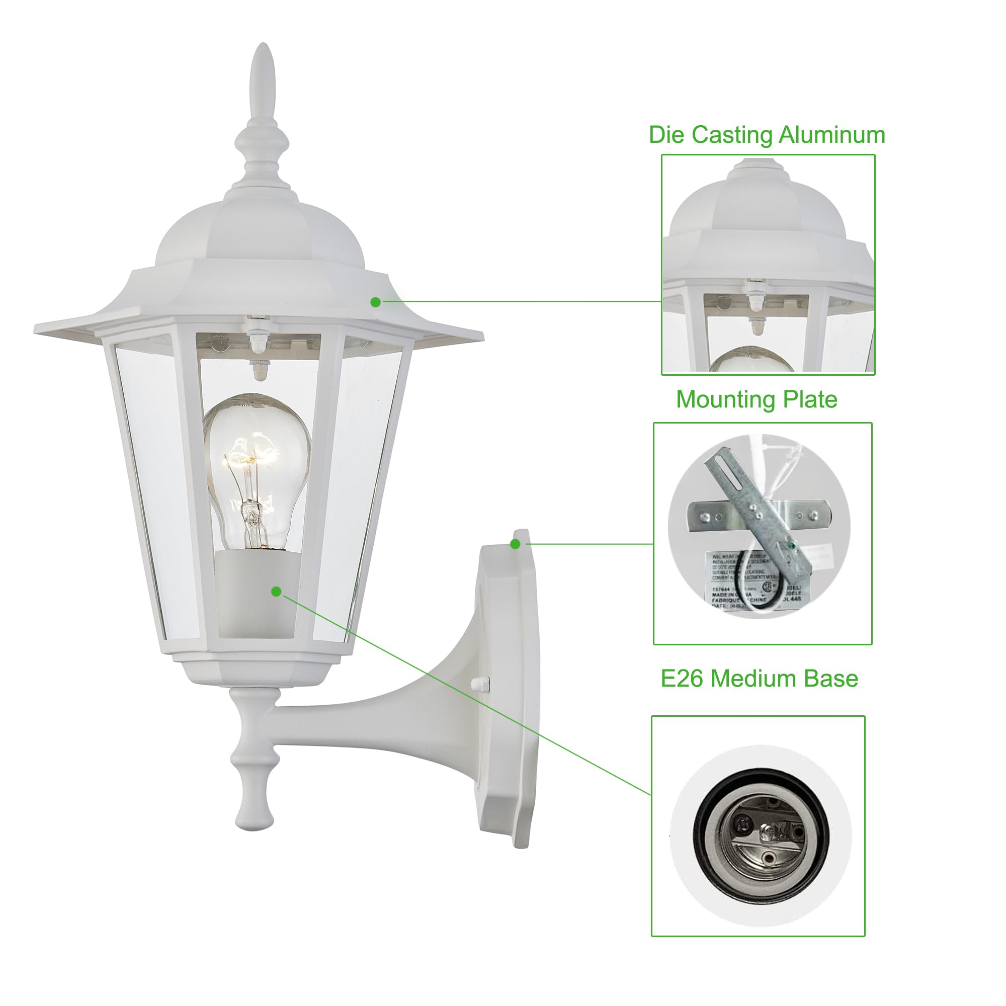 WISBEAM White Outdoor Wall Lantern, Metal Housing, Wet Location Rated, E26 Base 60W Max, Model WS-WL003, 1 Pack
