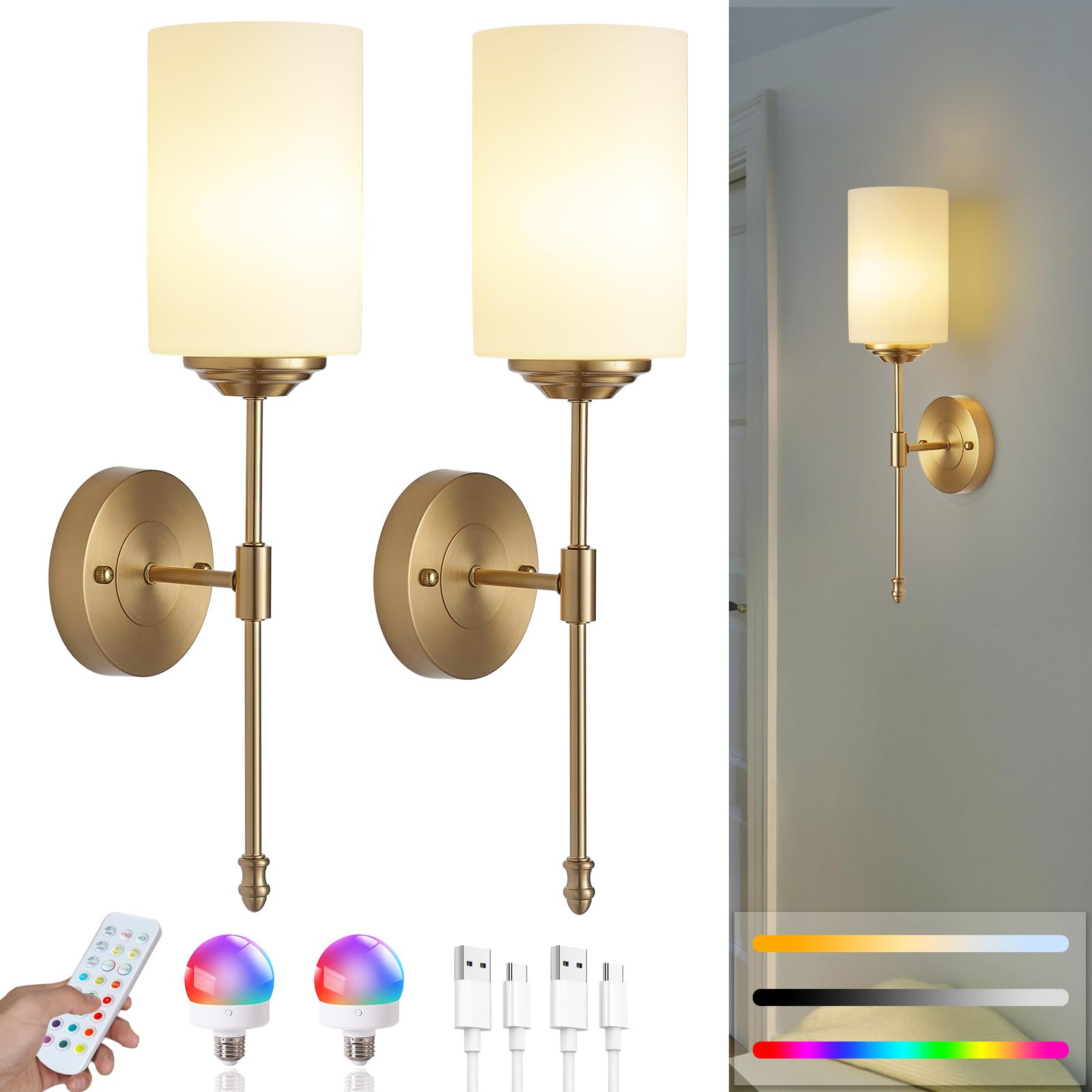 HOTRAN Wall Sconces Set of Two, Rechargeable LED Lights, Remote Control, Modern Gold & Glass Design