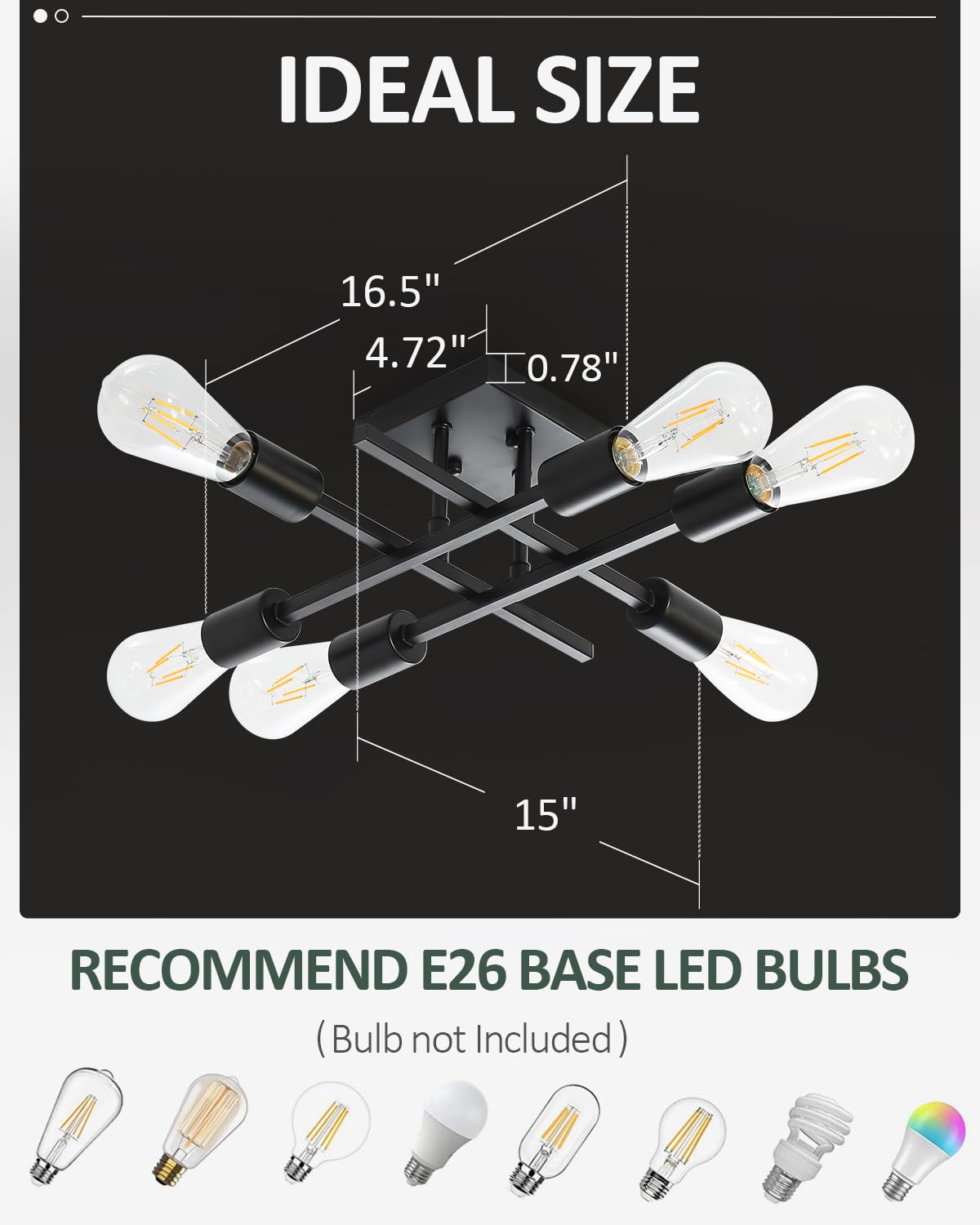 Eidonta 6-Light Semi Flush Mount Ceiling Light Fixture, Modern Black Sputnik Chandelier Lighting, Farmhouse E26 Stock Ceiling La