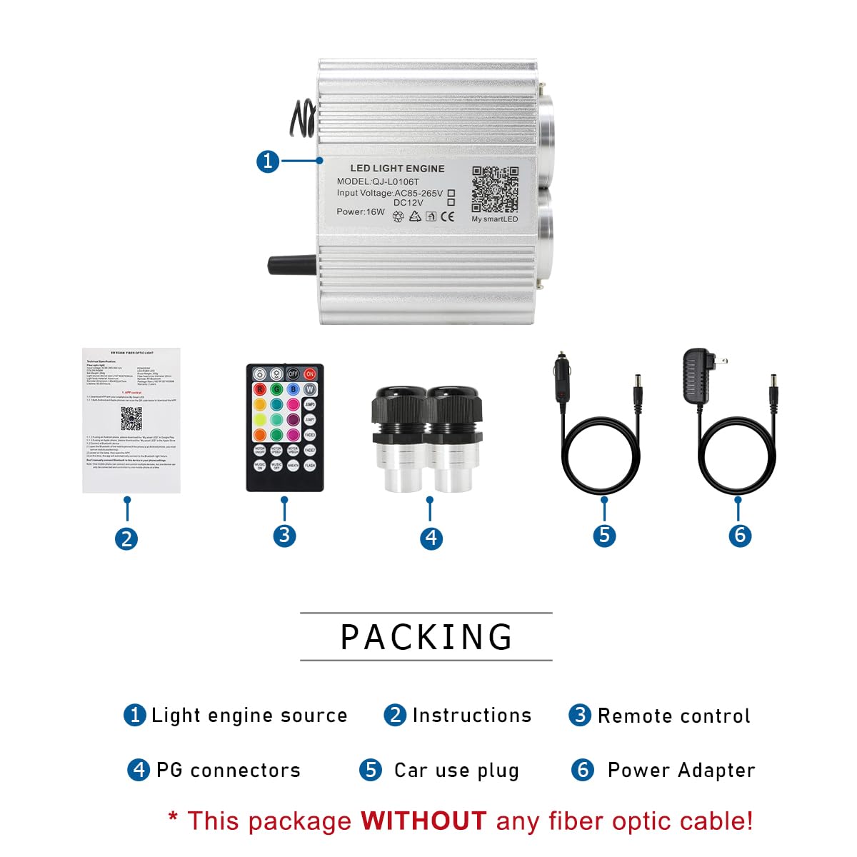 AKEPO 16W Dual-Head Twinkle Fiber Optic Light Engine, APP Control, Music Activated, Pure White, Model QJ-L016T