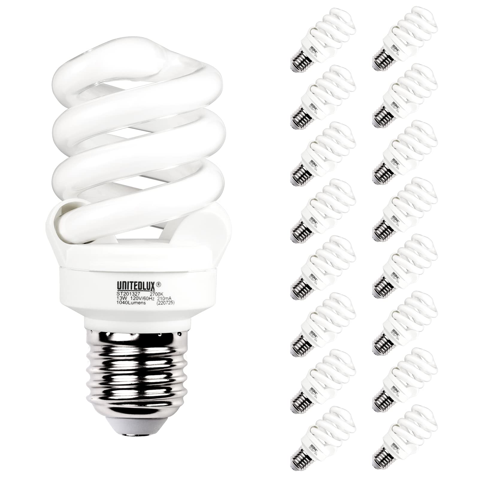 Unitedlux E26 Spiral Cfl Light Bulbs Medium Base 13Watt (60Watt Equivalent) Soft White 2700K, 1040Lm Non-Dimmable Compact Fluore