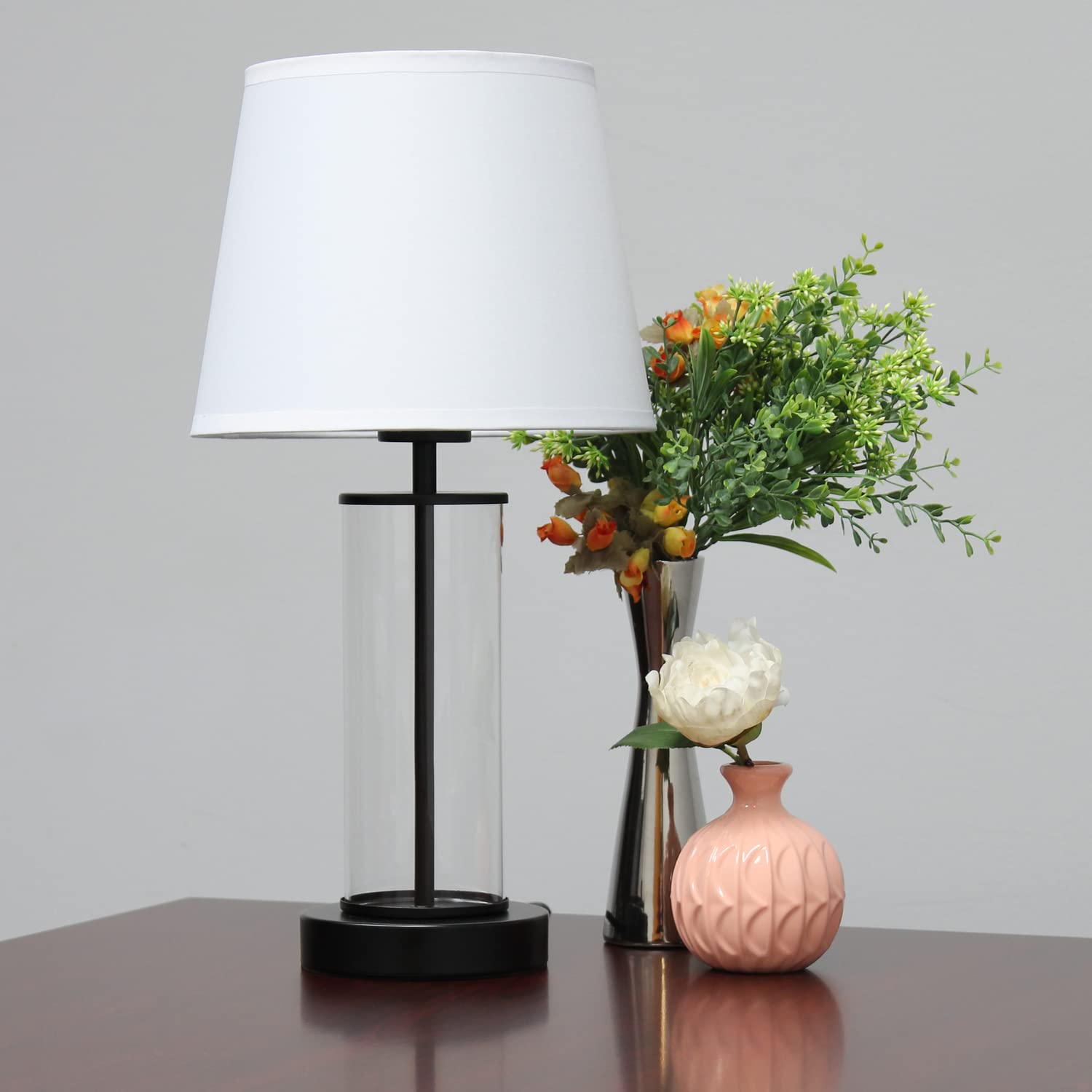 Simple Designs LT2081-BOW Modern Coastal Bedside Table Lamp, 8.66inL x 8.66inW x 16.93inH, Black Base, White Shade, Glass