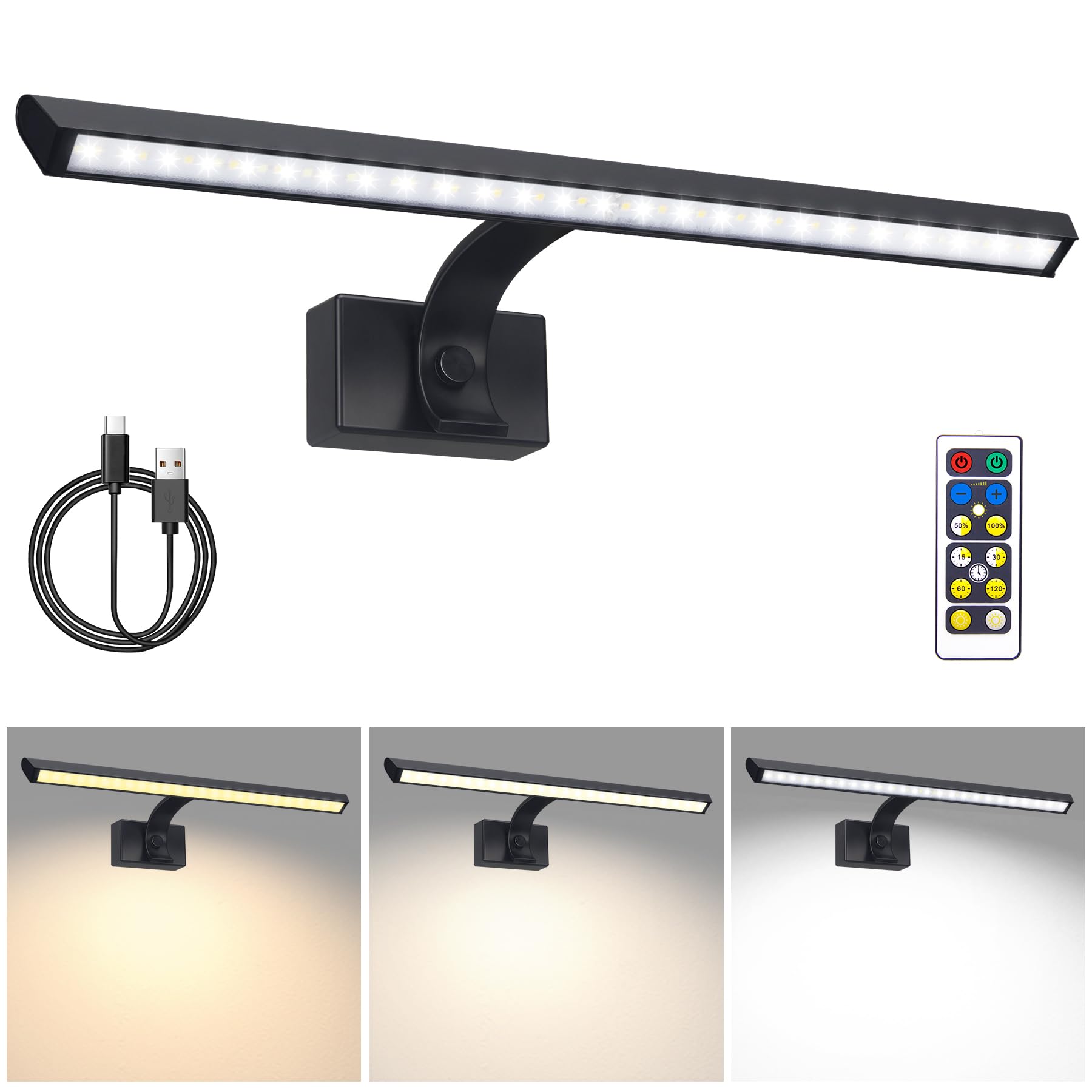 BIGMONAT 16inch Wireless LED Picture Light with Remote, 4400mAh Rechargeable Operated Picture Light with Timer and Dimmable, Met
