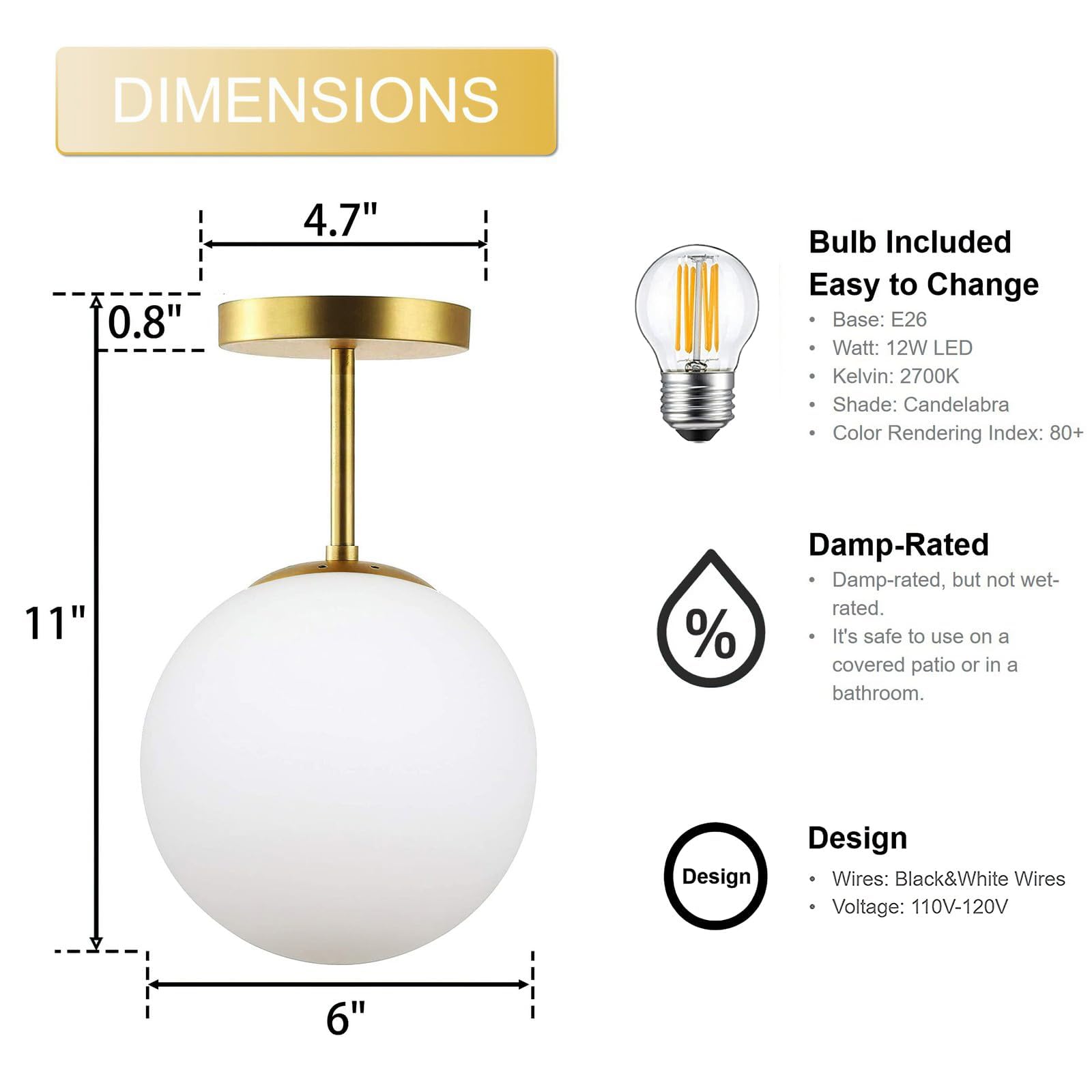 Koko&Yukina Mid Century Globe Semi Flush Mount Light Fixture, Frosted Glass, Gold Finish