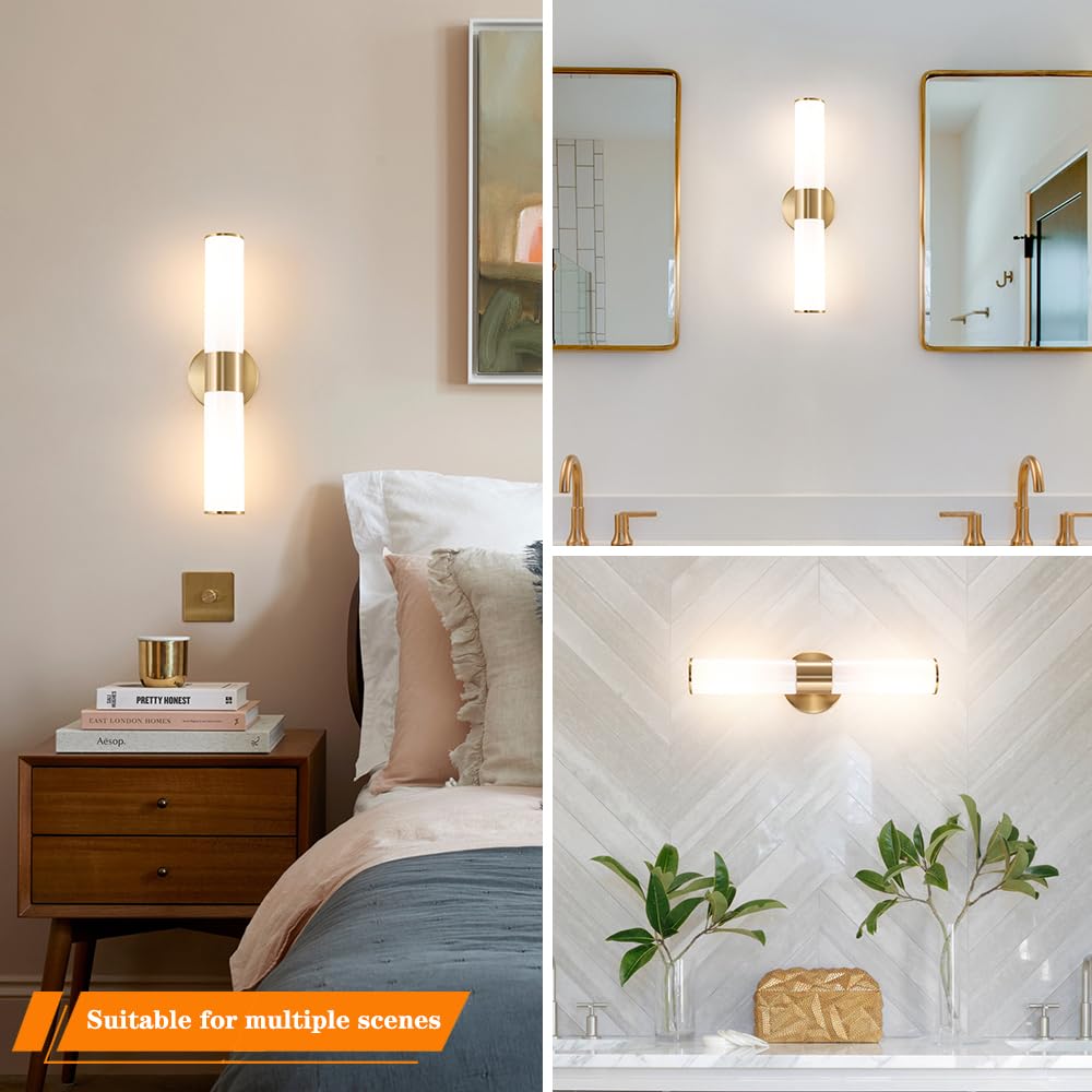 Daunton Gold Wall Sconces Set of 2, Brass with White Glass Shade, Modern Vanity Light Fixtures for Living Room, Bedroom, Hallway, Model DX23052G2-WH-