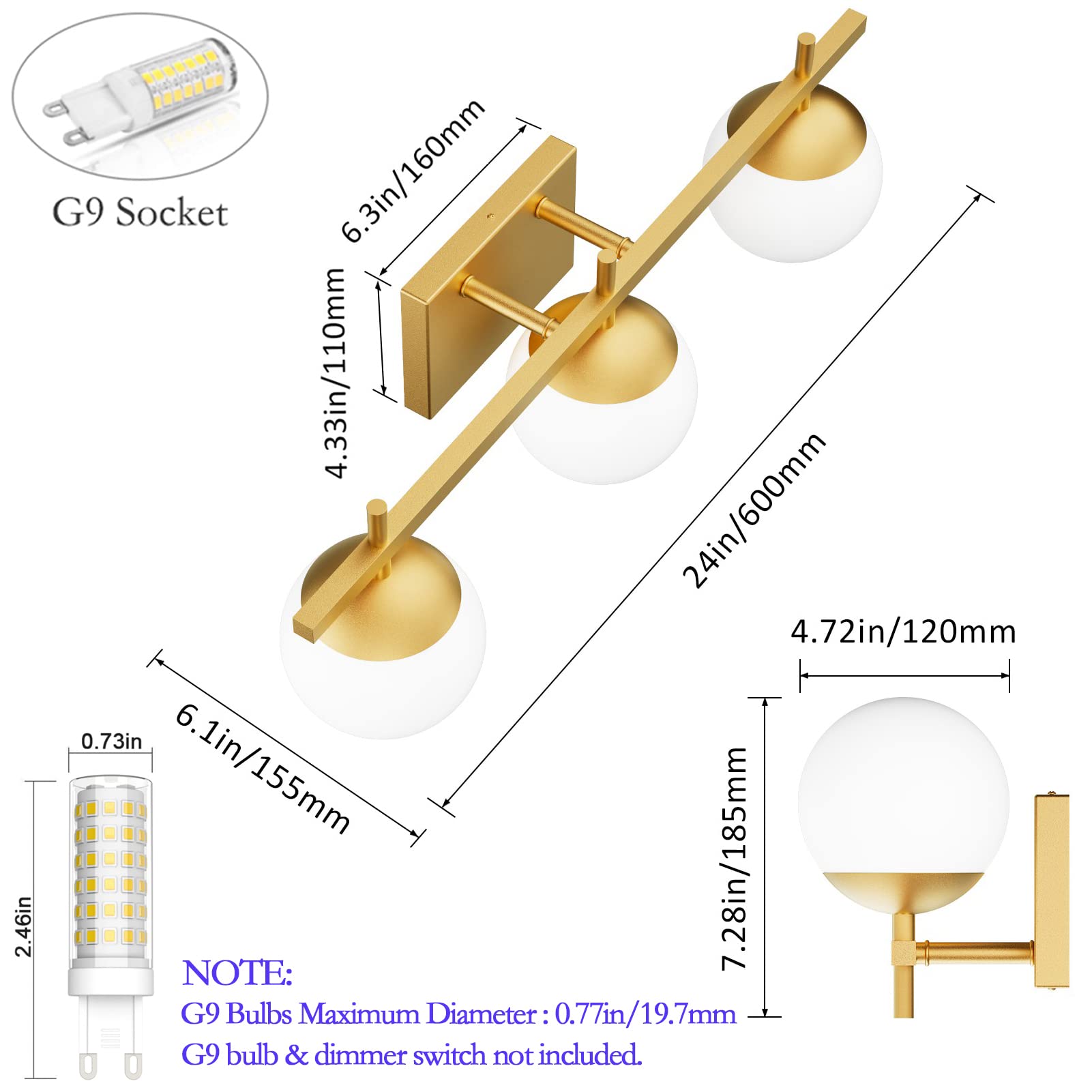 Ralbay Mid Century Modern Gold Bathroom Light Fixtures 3-Light Gold Milky Glass Modern Bathroom Vanity Lights Over Mirror, Gold
