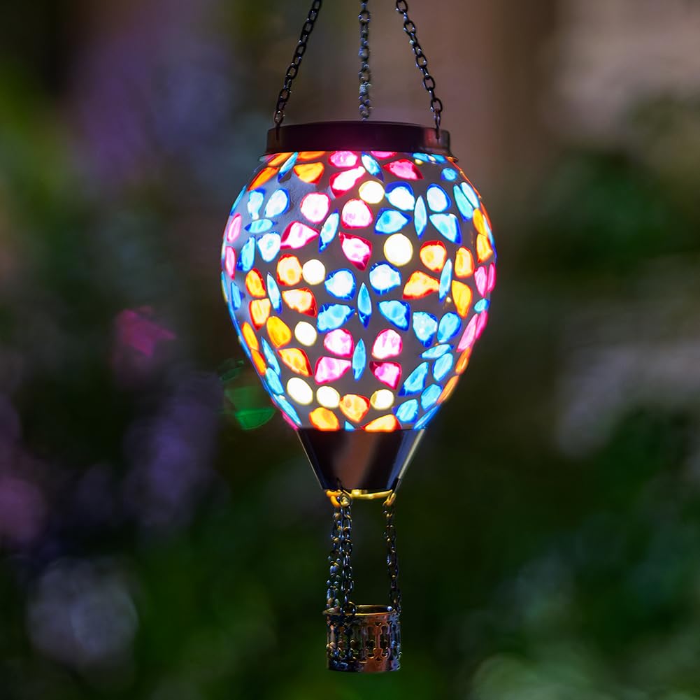 Giole Mosica Hot Air Balloon Solar Lantern, Glass Hanging Solars Lanterns Outdoor Waterproof Decorative Solar Light for Garden, 