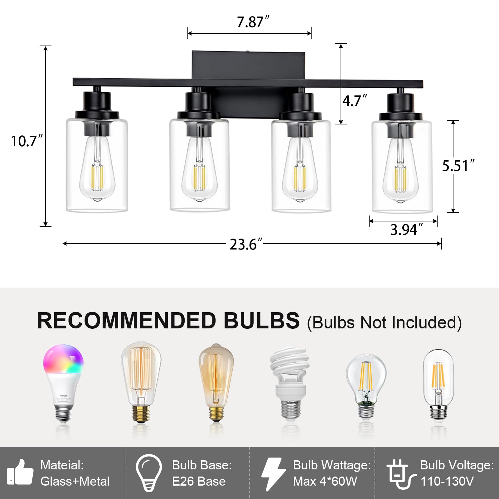 HCCZ 4 Light Black Bathroom Vanity Light Fixture, Metal Wall Sconces, E26 Socket, Glass Shade, Model 800-100-1079