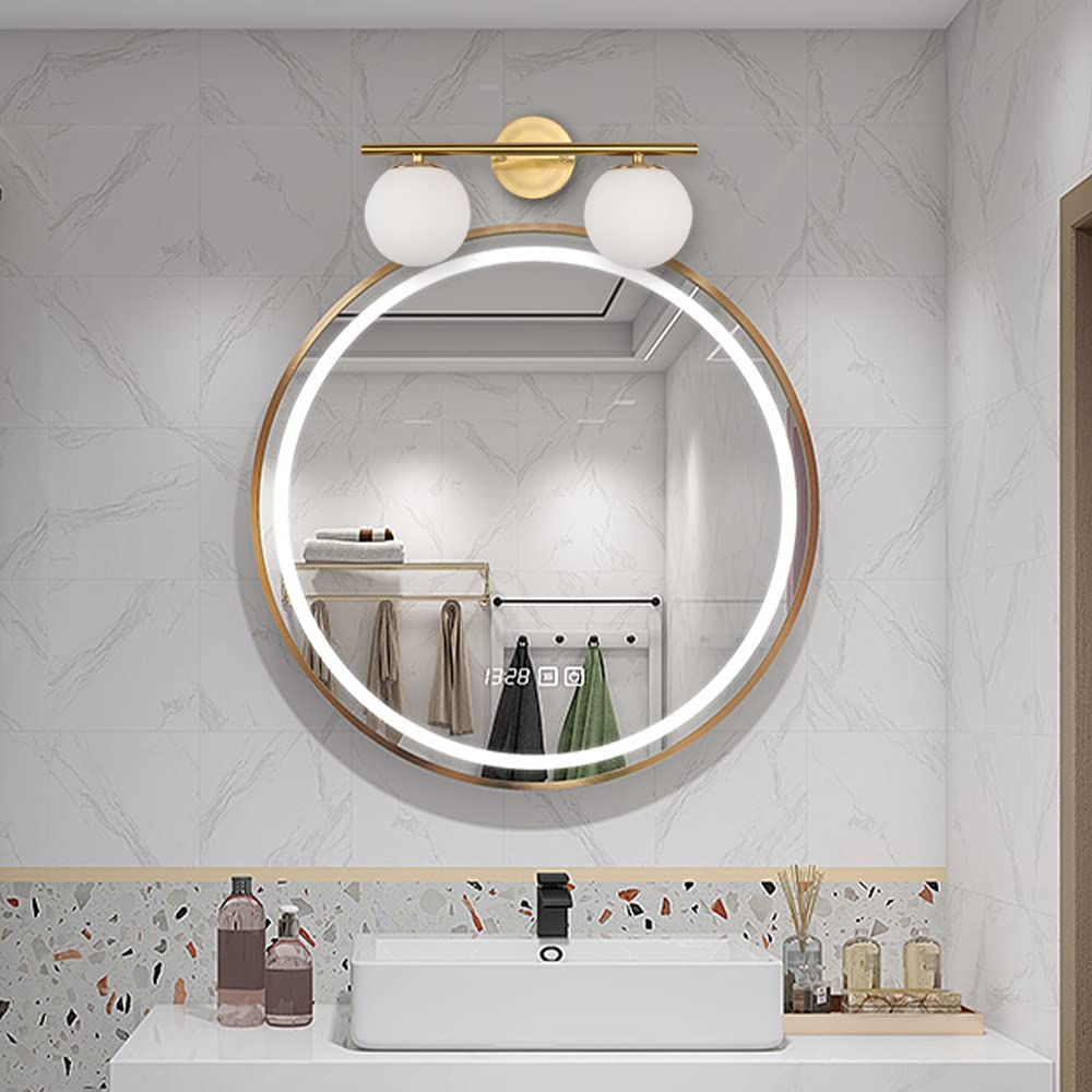 YHTlaeh Bathroom Vanity Light Fixtures, 2 Lights, Brushed Brass, Milk White Globe Glass Shade, Model 7710, 15 Inch