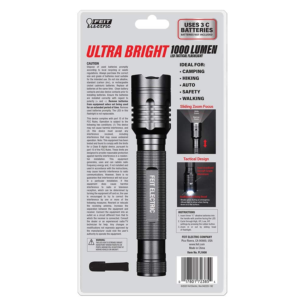Feit Electric LED Tactical Flashlight - 1000 Lumens, Aluminum Alloy, Zoomable, 8.1 inches, Model FL1000, Adjustable Brightness