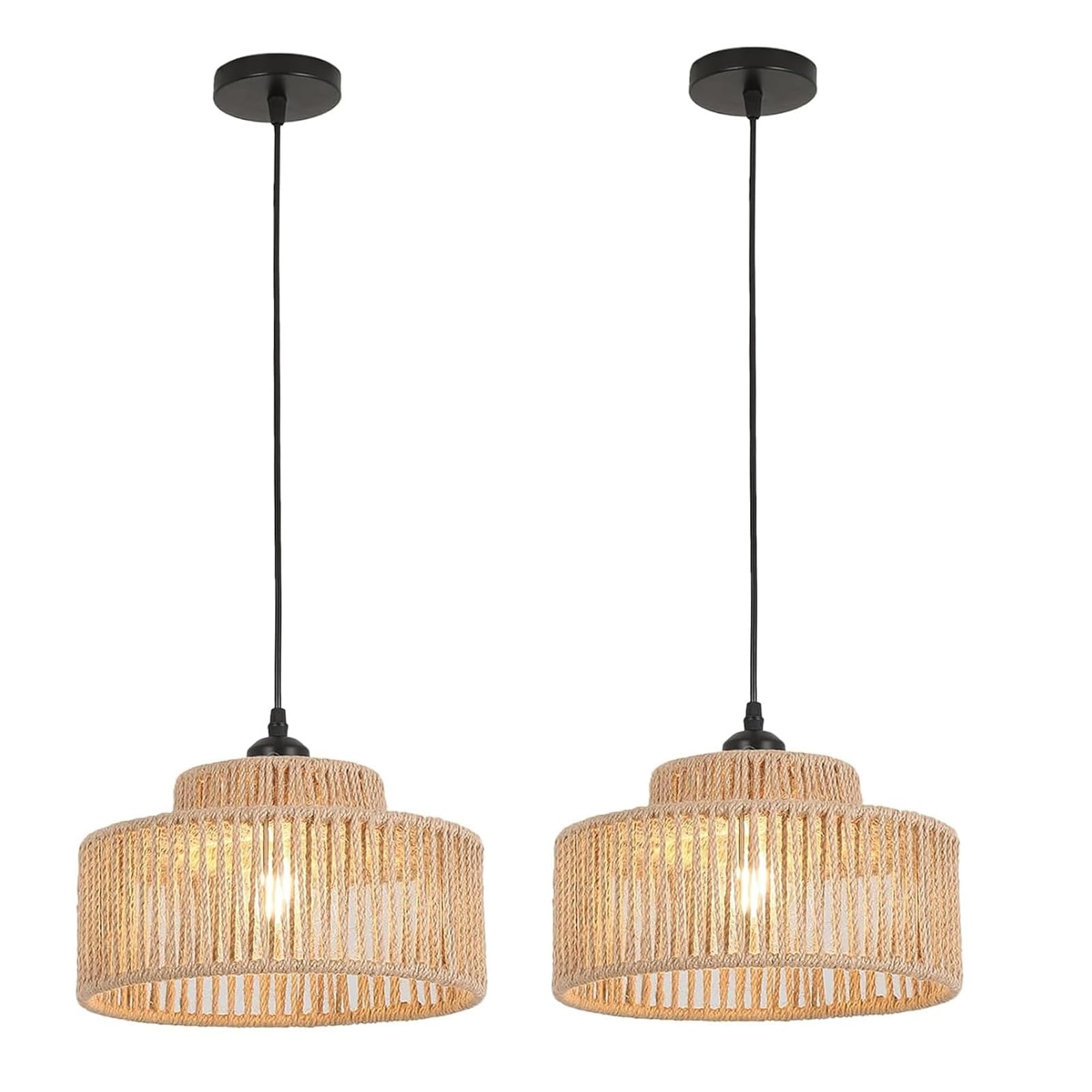 2 Pack Rattan Pendant Light,11 Inch Boho Kitchen Island light Fixtures,Handmade Woven Hanging Lamp,Small Wicker Chandelier,Baske