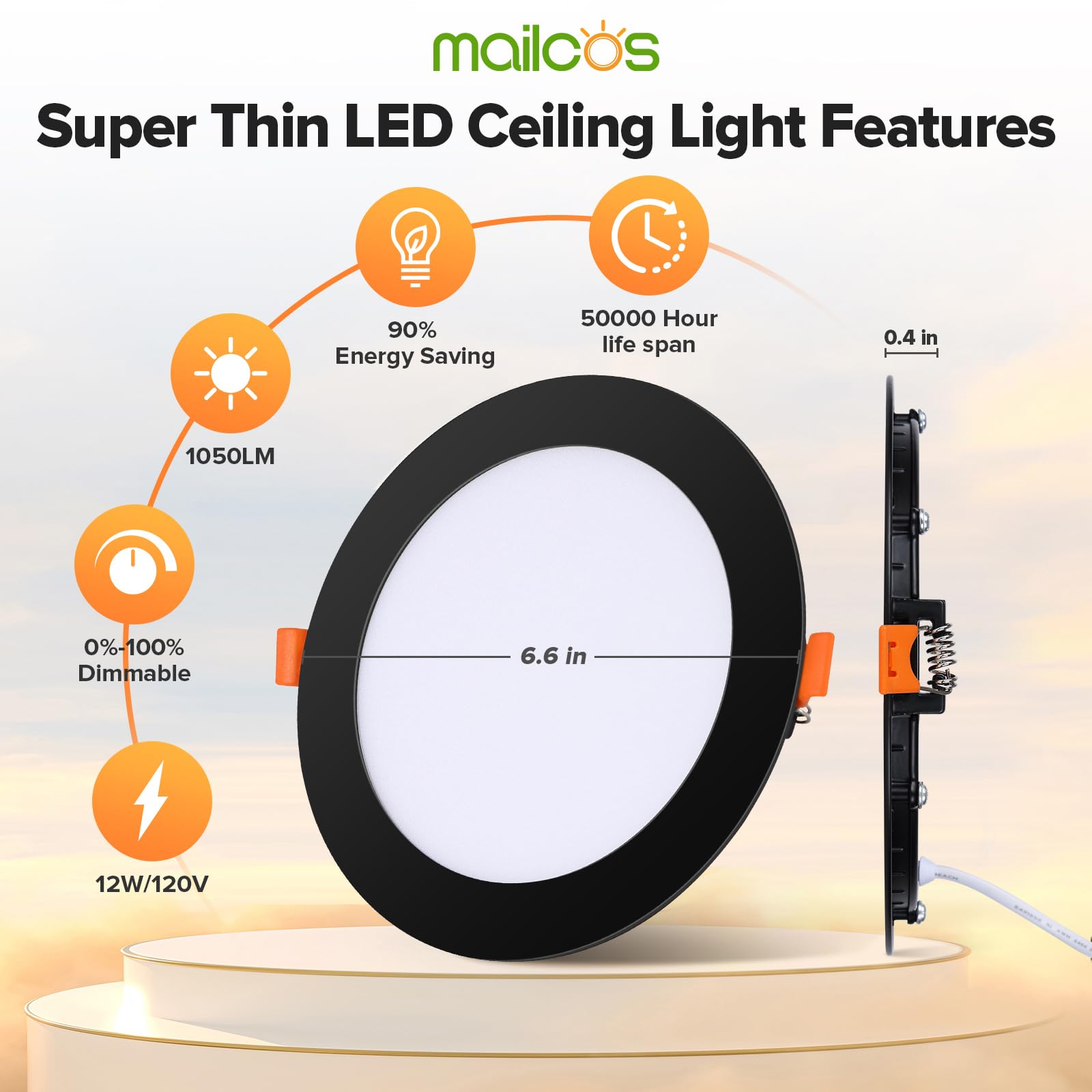 MAILCOS 12 Pack 6 Inch Dimmable Ultra-Thin LED Recessed Lighting, 1050LM, 2700K-5000K Selectable, Black, Model AZD