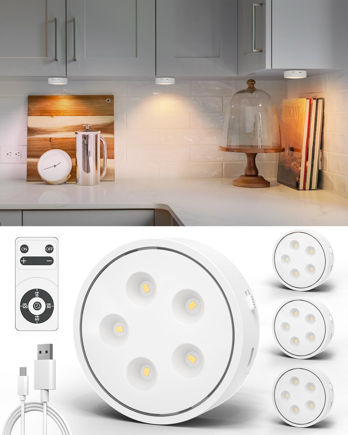 Puck Lights with Remote Control,Under Cabinet Lighting Magnetic,LED Closet Lights Rechargeable,Dimming Tap Light, Stick on Light