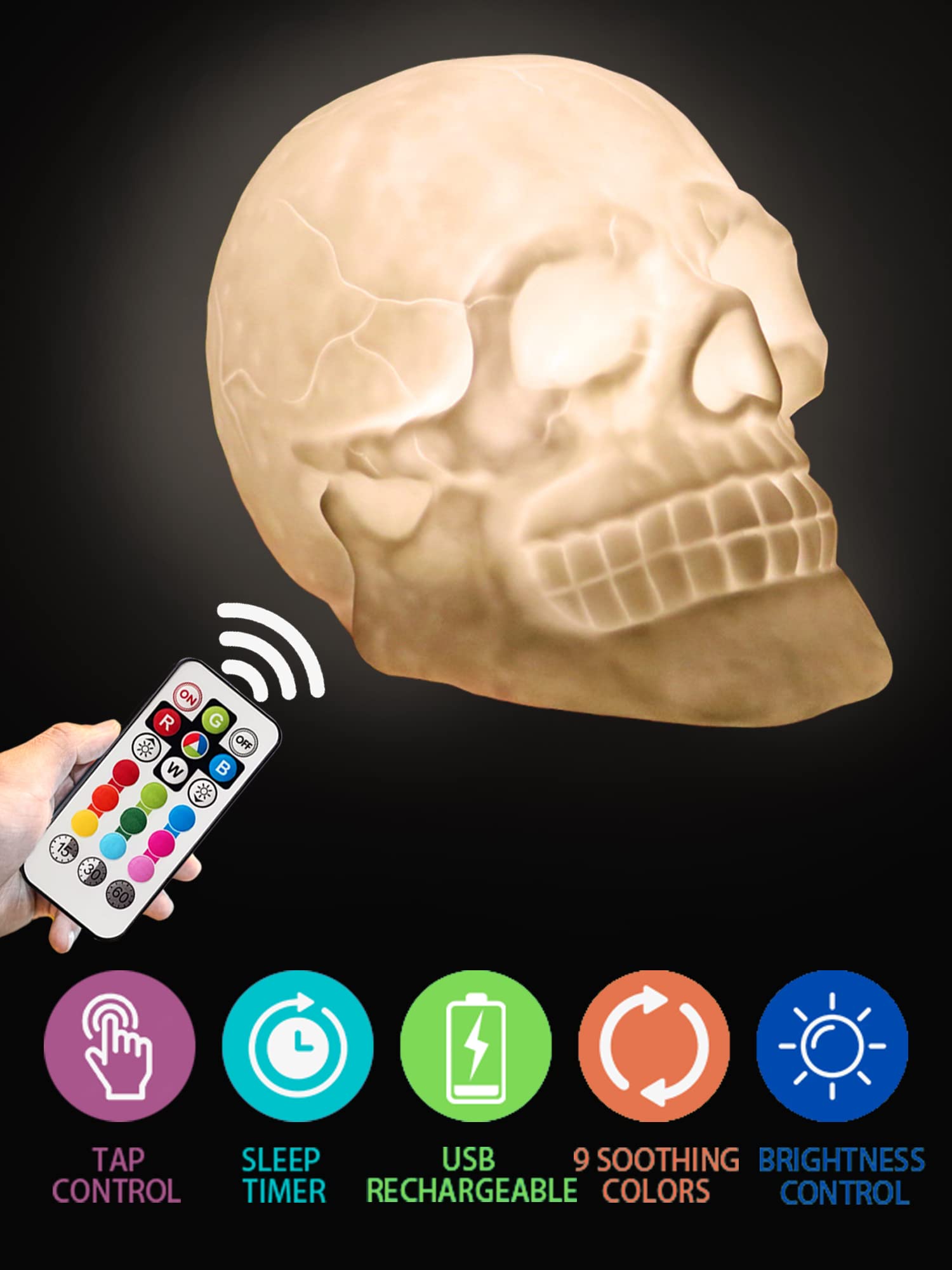 Wlhong Skull Lamp,9-Color Breathing Mode Skull Night Light,Gothic Lamps, Halloween Lamp,Goth Room Decor,Skeleton Lamp For Game R