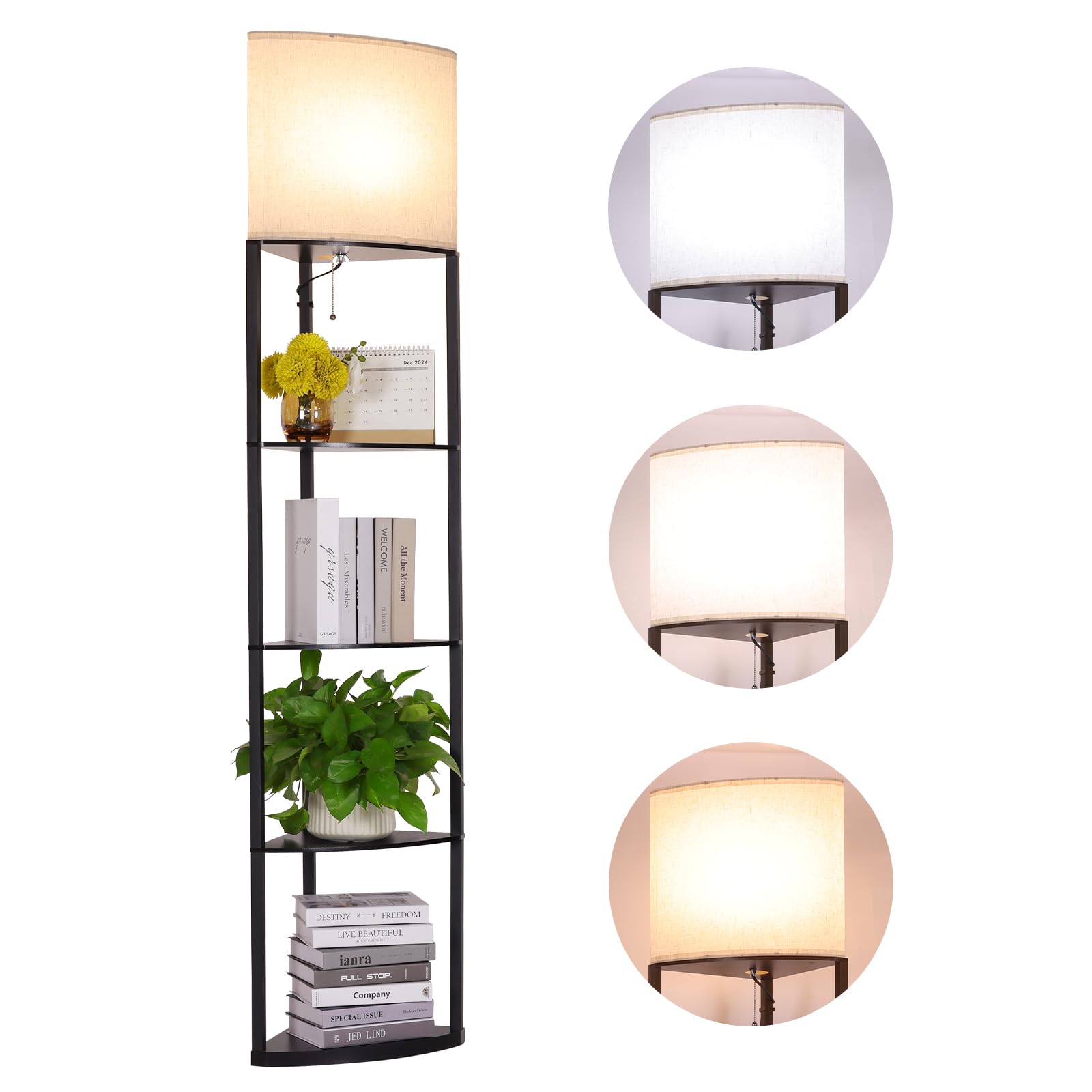 Gupuzm Floor Lamp with Shelves, Sector Corner Shelf Lamp with 3 Color Temperature Bulb, with Linen Lampshade Bookshelf Corner Di