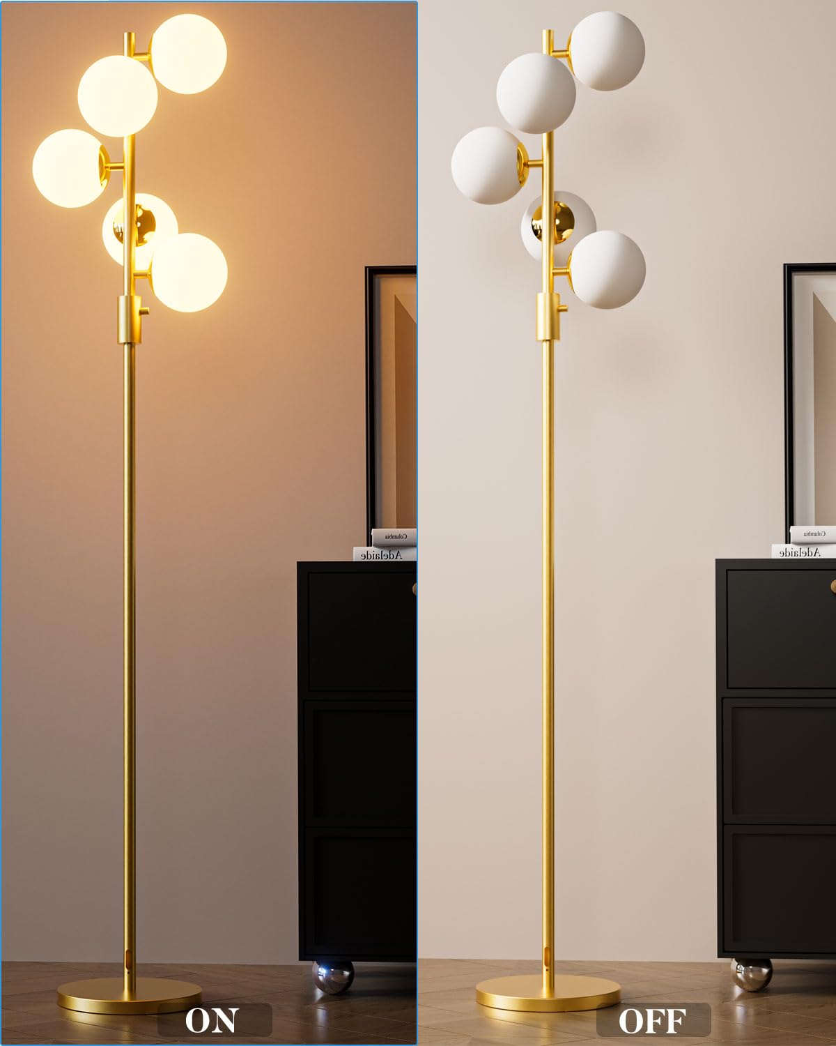Lightdot Dimmable Globe Floor Lamp Mid Century Modern Floor Lamp With 5Pcs 3000K G9 Bulbs Stepless Brightness Adjustable Gold St