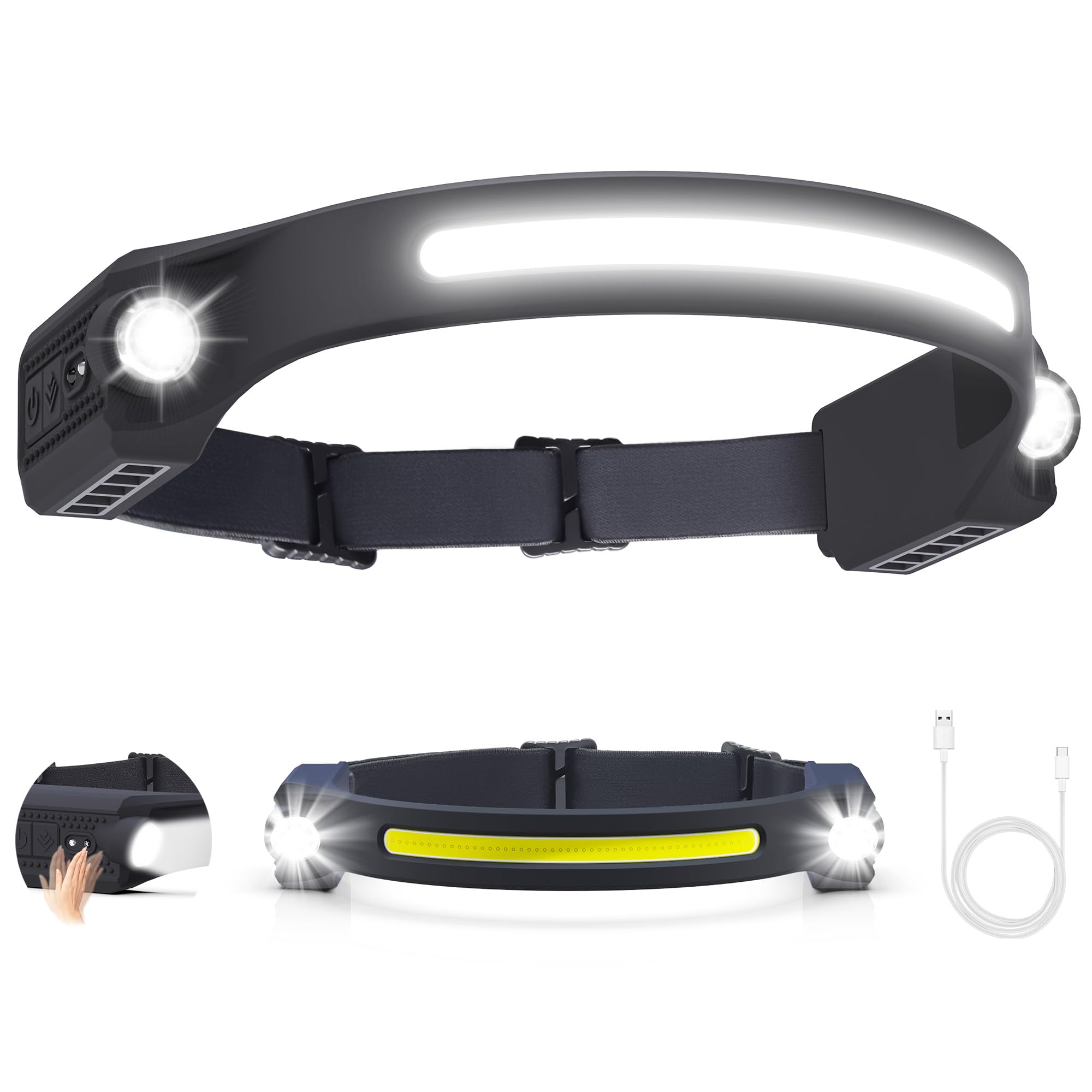 AlpsWolf LED Headlamp Rechargeable, 2 XPE LED and COB LED Head Lamp, Sensor Mode, 260 Wide Beam, IPX4 Waterproof, Rechargeable H