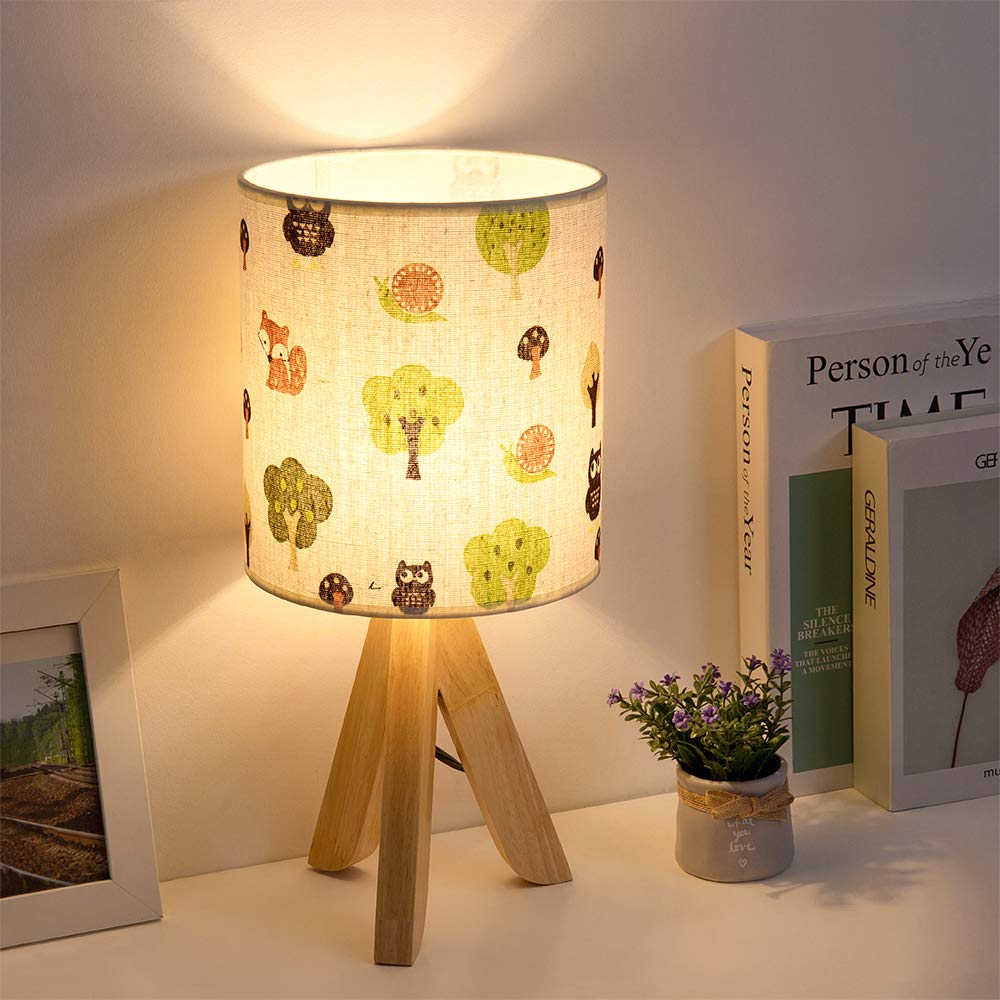 HAITRAL Tripod Table Lamp - Kids Nightstand Lamp with Cartoon Lampshade, Wood, Model ST1017-T1, Tree Color, Cartoon-1 Size