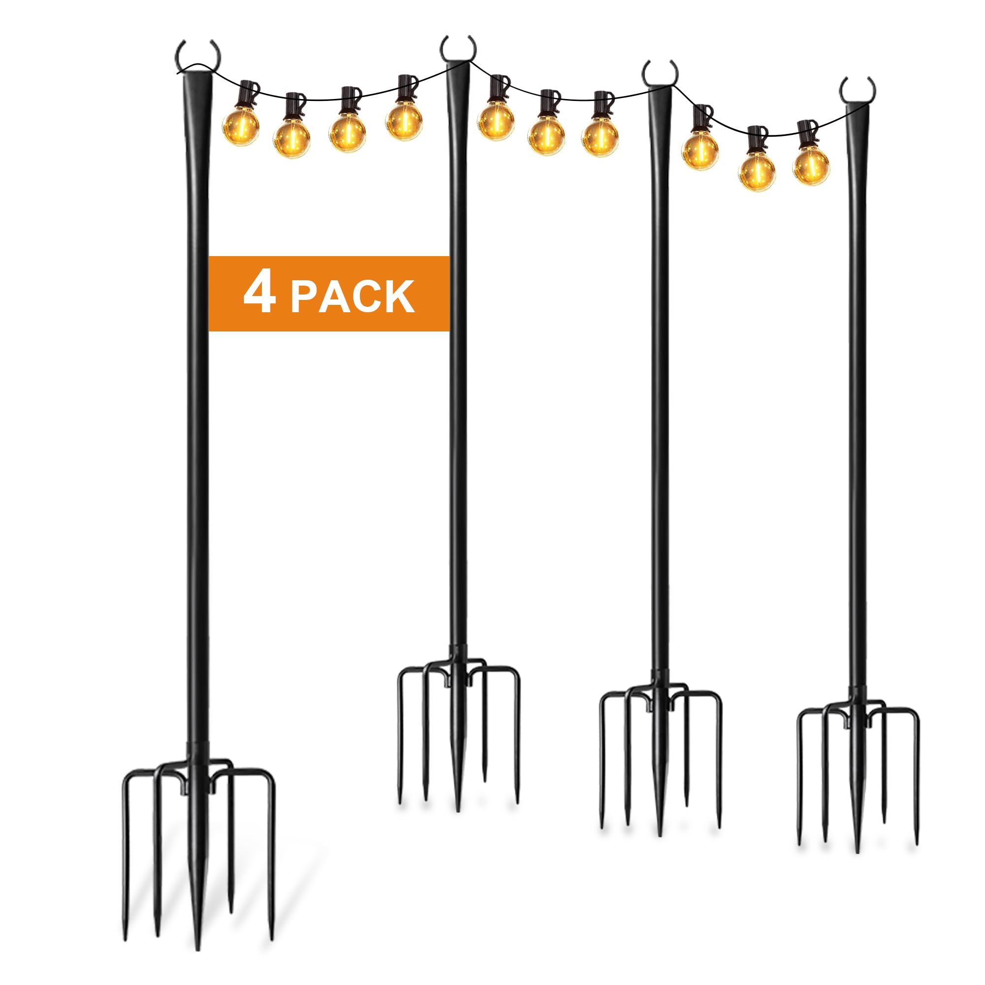 4 Pack String Light Poles for Outside, Thickened Metal Lights Hanger Pole Outdoor with Fork, Lighting Hanging Post for Patio Gar