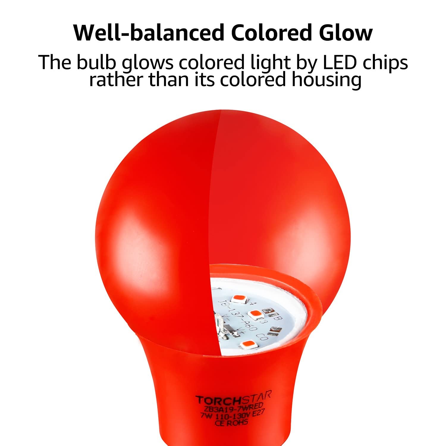 TORCHSTAR LED A19 Red Bulbs, 7W Equivalent, E26 Base, 6 Count Pack, Plastic Clad Aluminum