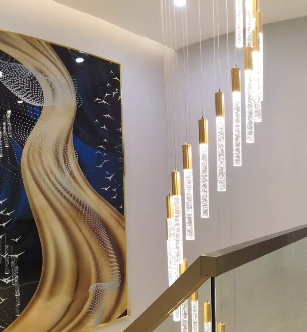HAIXIANG 118" High Ceiling Chandelier, 12-Light Gold Crystal Pendant, Remote Dimmable, Stainless Steel, Model MMQ3810, 4800 Lumens