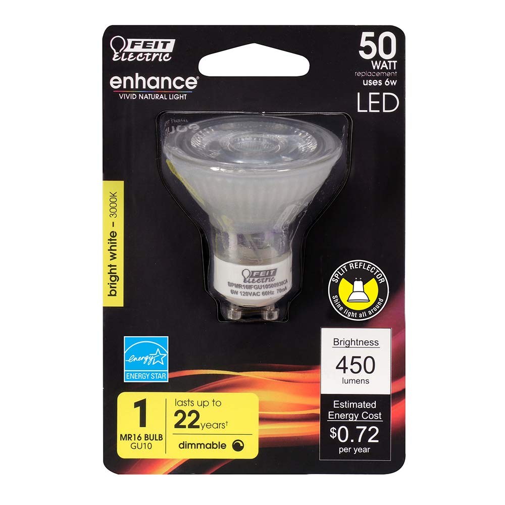 Feit Electric MR16 GU10 LED Bulbs, Dimmable, 50W Equivalent, 3000k Warm White, 6 Count, Model BPMR16IFGU500930CA/