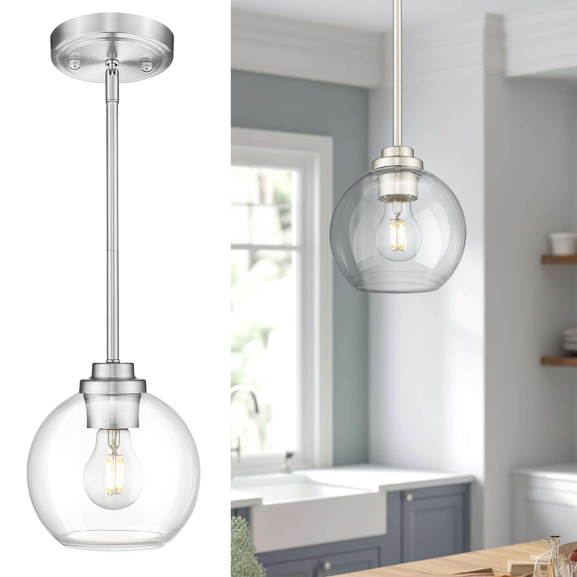 JAZAVA Globe Pendant Light Fixture, Modern Brushed Nickel Hanging Light with Clear Glass for Kitchen Island Dining Room Bedroom 