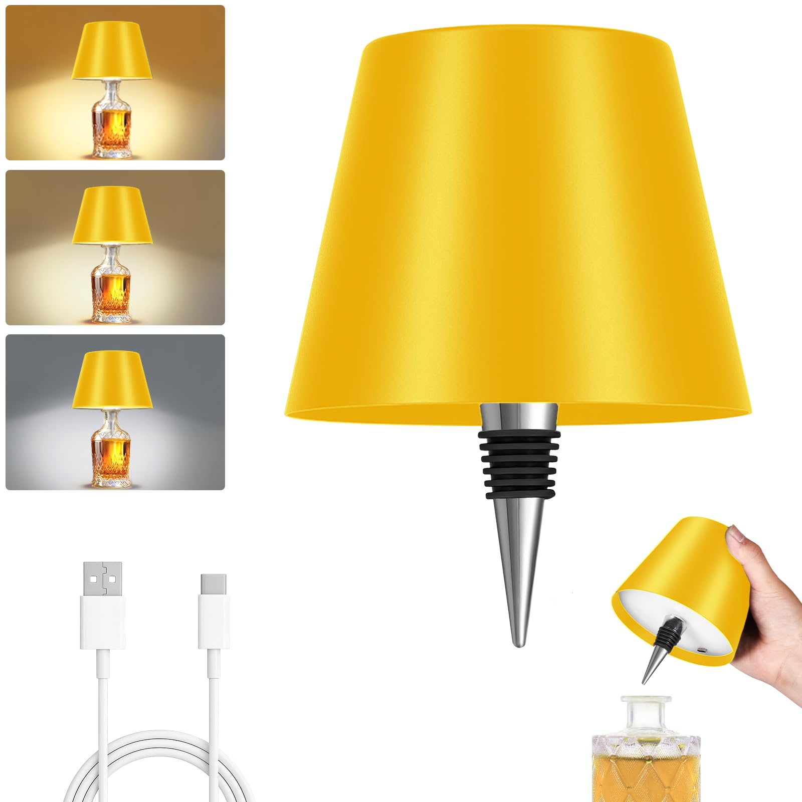Fintoriel Rechargeable Wireless Bottle Lamp - 3 Color Stepless Dimmable  Metallic Yellow Lampshade  5H Bright Light or 48H Soft Glow Ideal for Home D?cor  Parties  Bar