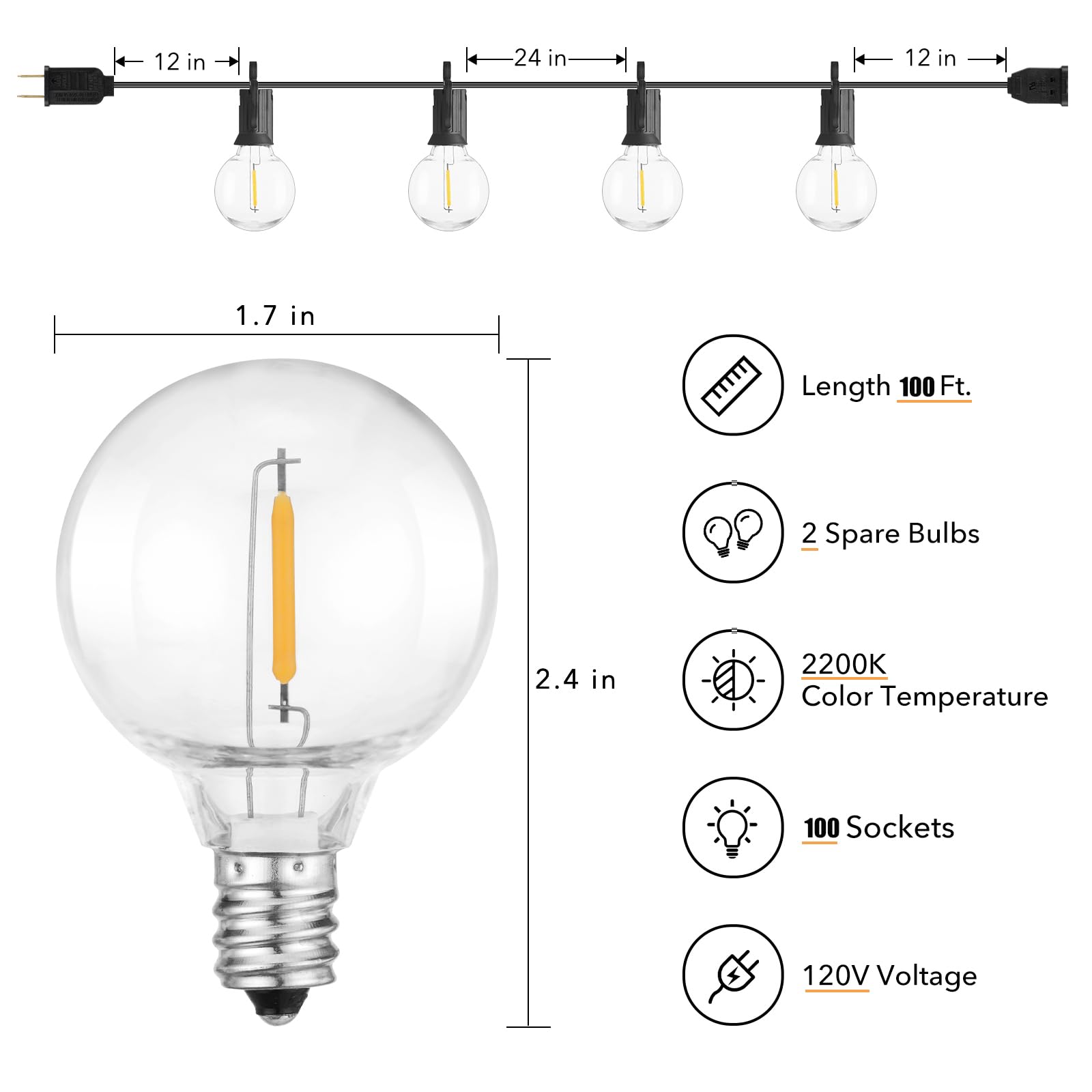 Brightown LED Outdoor String Lights 100FT, 104 Shatterproof Bulbs, Weatherproof, Black