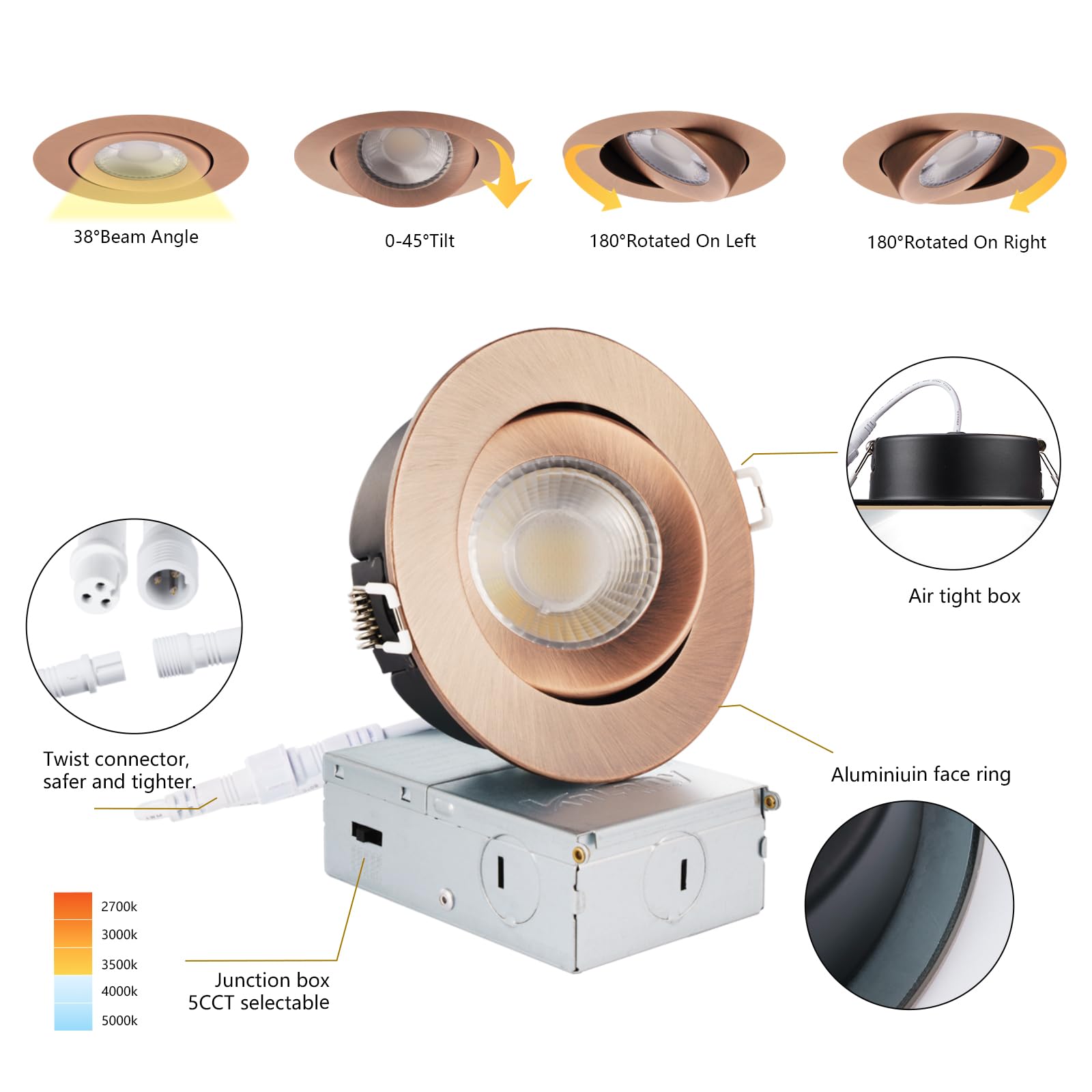 Knlnny Ware Oil Rubbed Bronze 4 Inch Led Recessed Lights 6 Pack, Eyeball Recessed Lights, Led Gimbal,Ceiling Light With Junction