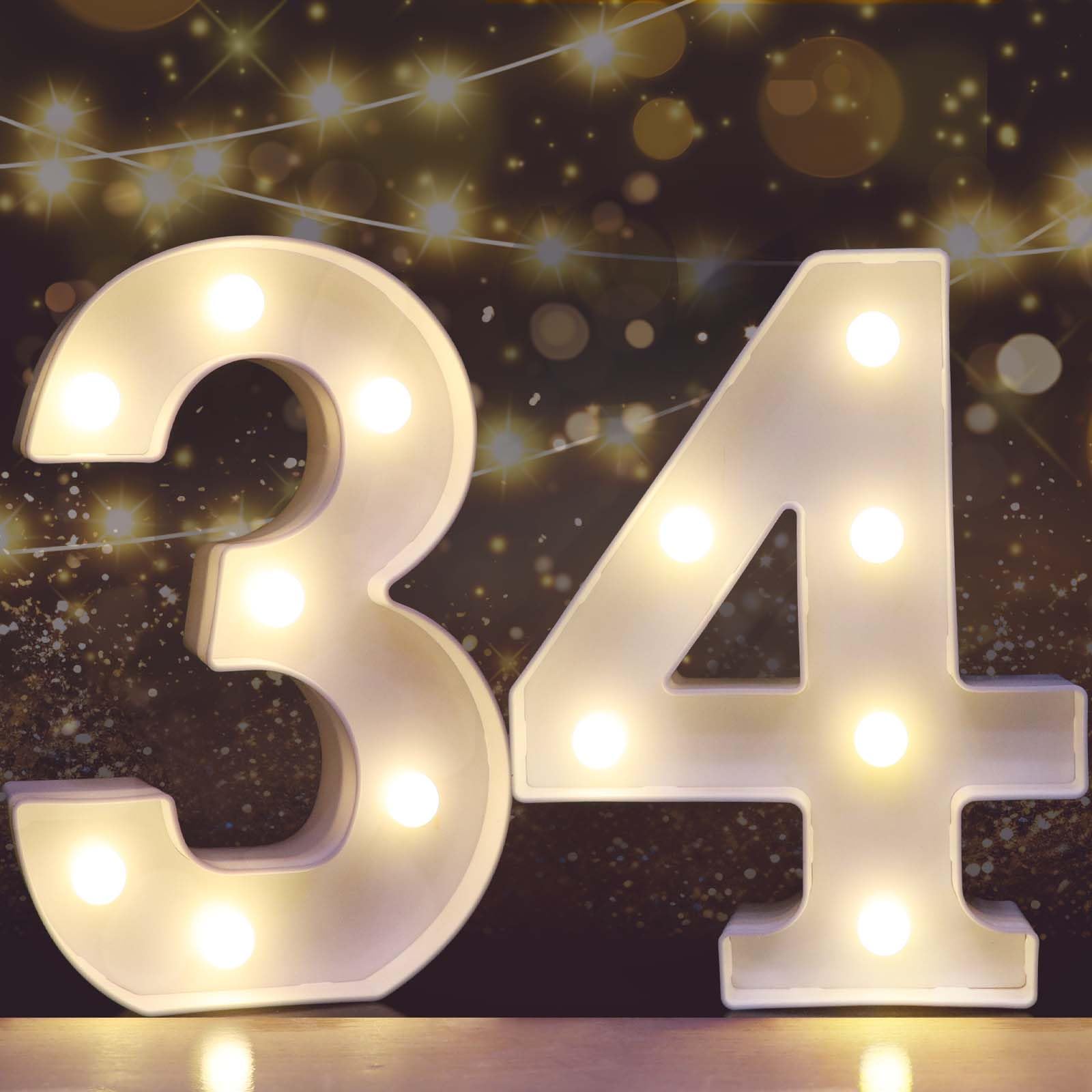 Pooqla Decorative Led Light Up Number Letters, White Plastic Marquee Number Lights Sign for 34th Birthday Party Wedding Decor Battery Operated Number (34)