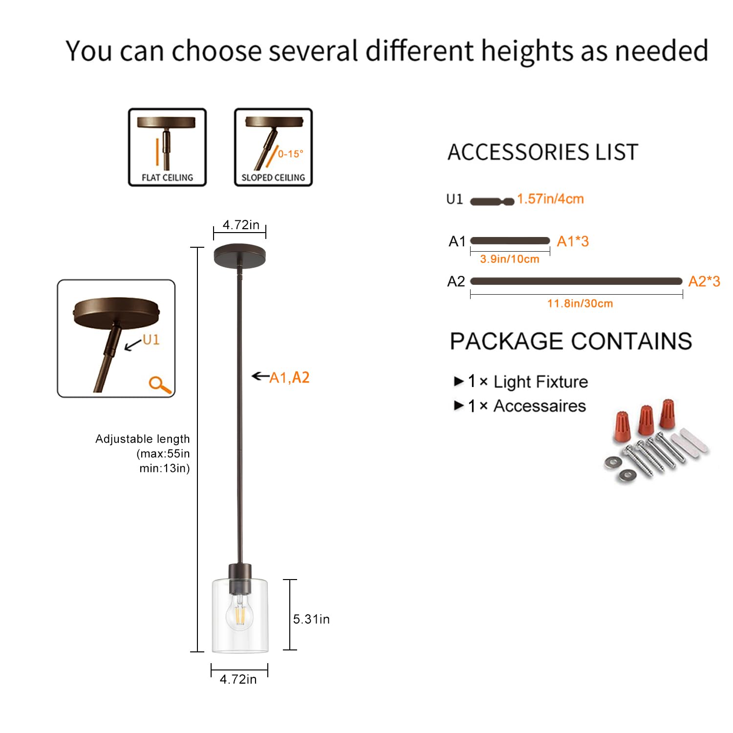 KLSS Oil Rubbed Bronze Pendant Light Fixture - Clear Glass, 3 Rods (12 Inch & 4 Inch), Model KFDD1P001
