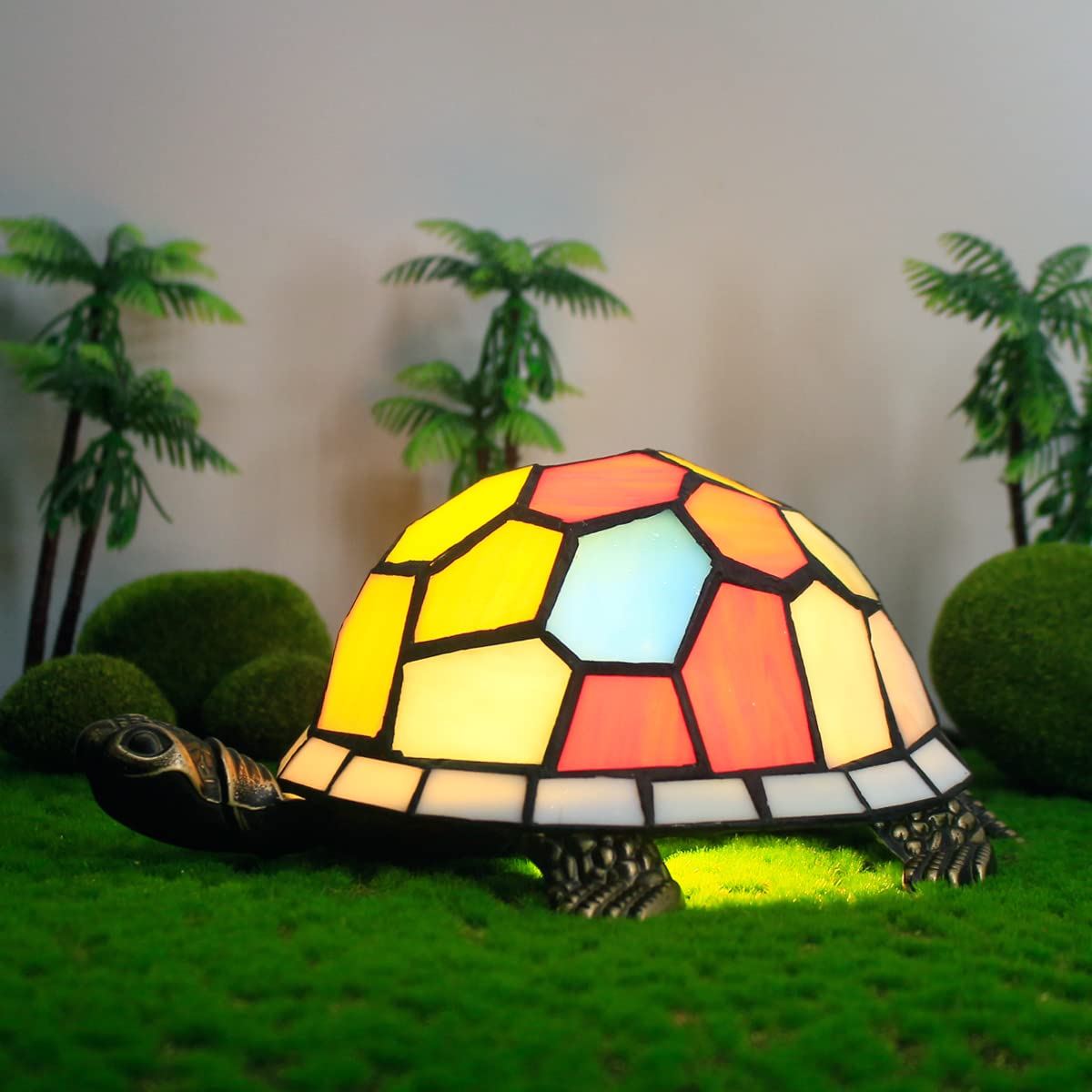 Zjart Tiffany Tortoise Lamp Small Stained Glass Turtle Desk Lamp 8X5X4 Inch Animal Antique Accent Table Light (White Yellow Turt