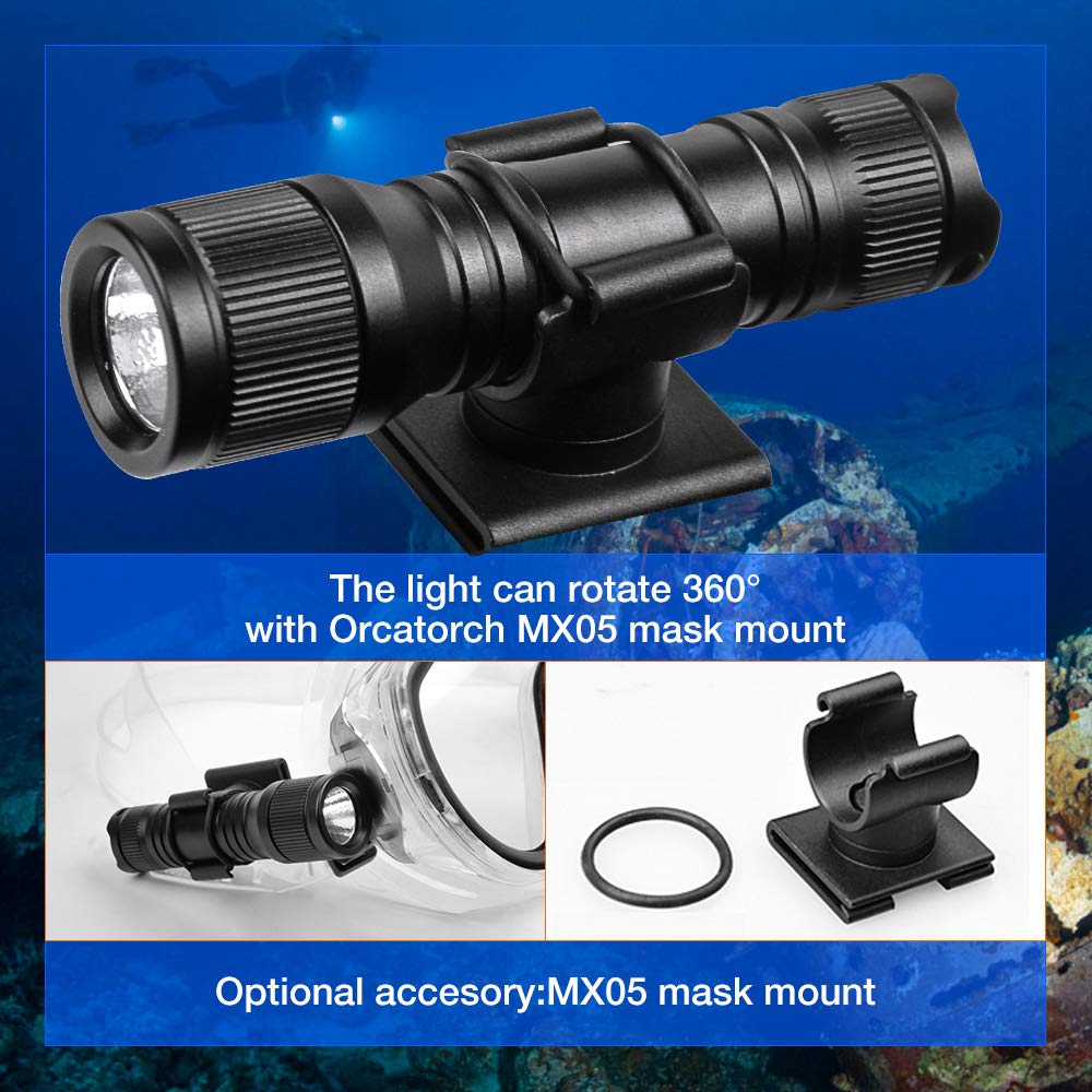 ORCATORCH D560 Mini Scuba Dive Light, 650 Lumen Black Headlamp with 360° Clip, 150m Underwater Backup Headlight (Mask Not Included)