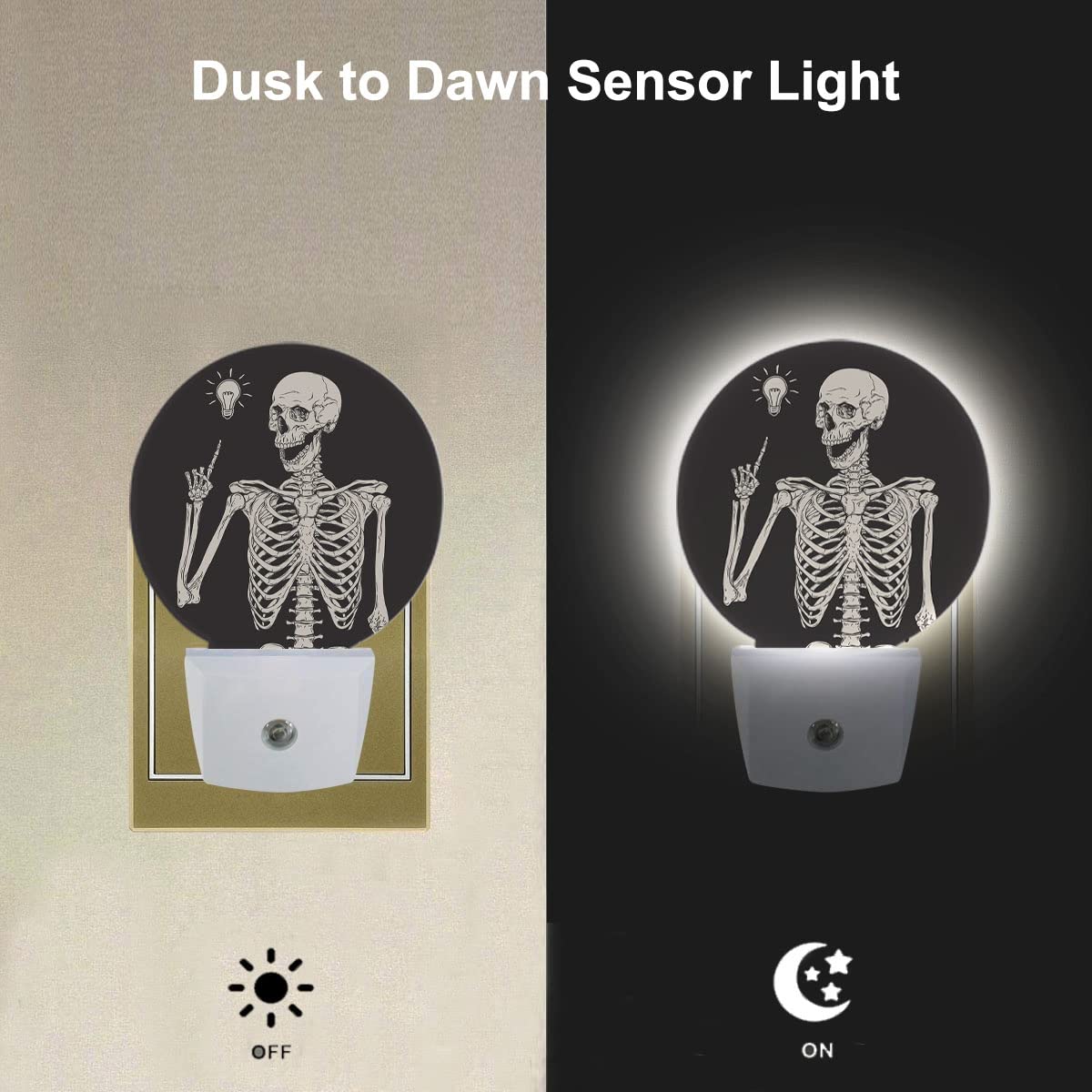 Ekobla Funny Skull Night Light Human Skeleton Posing Rock Music Pose Black White Night Lights Plug Into Wall Auto On/Off Led Lam