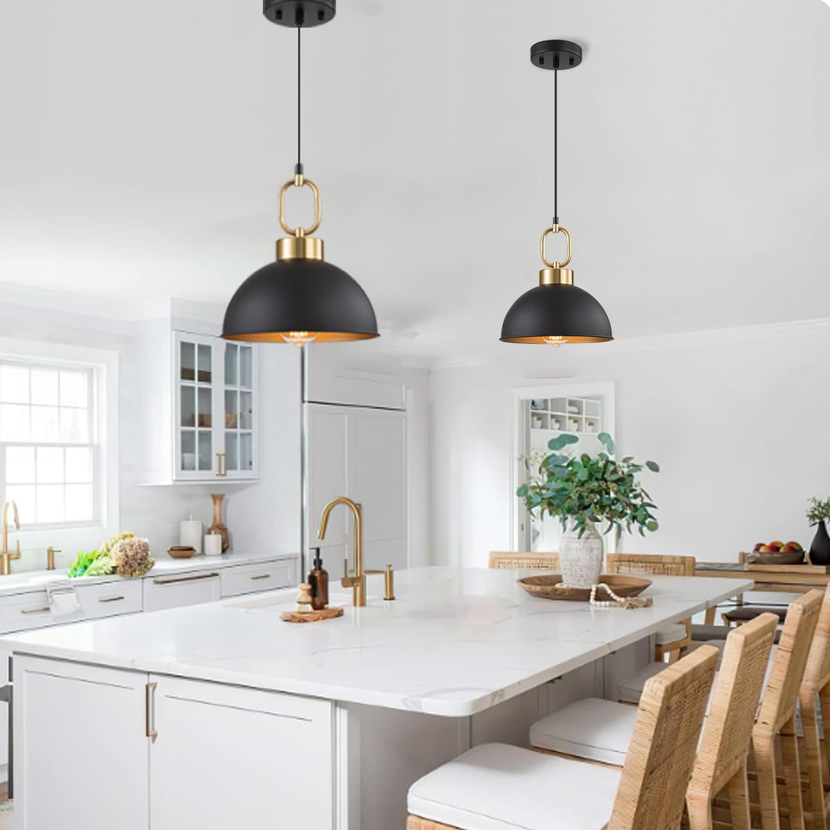 Tinhon Farmhouse Pendant Light Fixture, 10.2In Metal Hanging Light, Black/Gold, Adjustable Height, Vintage Shade, 2 Pack